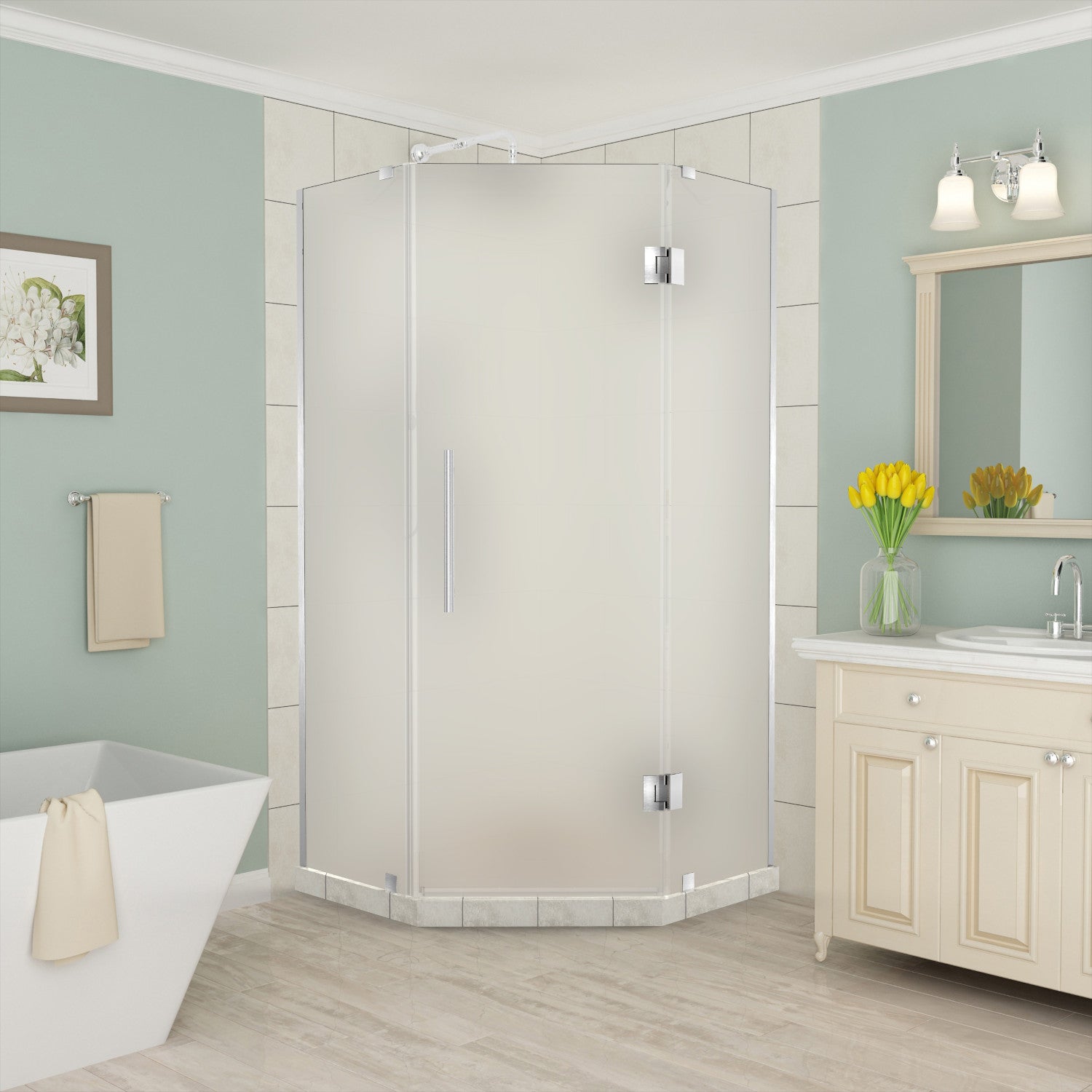 Merrick 42 in. W x 42 in. D x 72 in. H Frameless Neo-Angle Hinged Shower Enclosure with Frosted Glass in Stainless Steel 1
