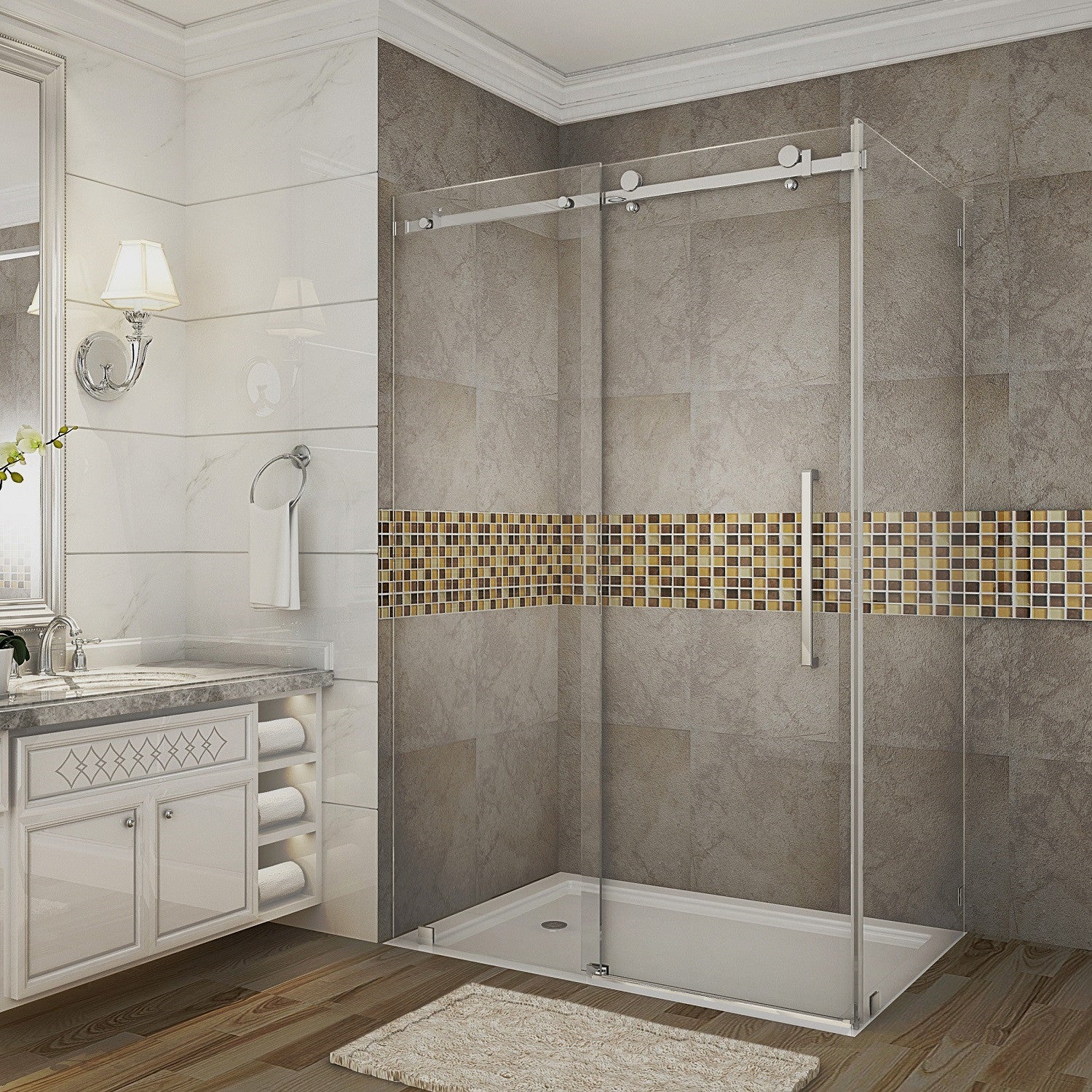 Moselle 44 in. to 48 in. W x 35 in. D x 75 in. H Frameless Sliding Shower Enclosure with Clear Glass in Stainless Steel 1