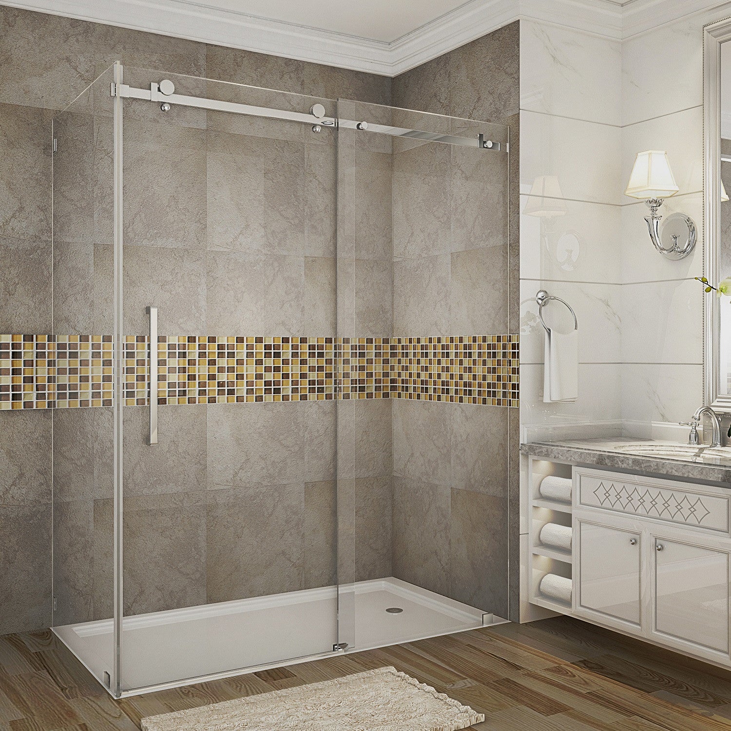 Moselle 56 in. to 60 in. W x 35 in. D x 75 in. H Frameless Sliding Shower Enclosure with Clear Glass in Stainless Steel 1