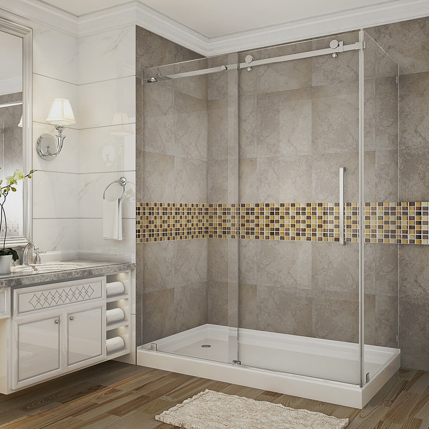 Moselle 56 in. to 60 in. W x 35 in. D x 77.5 in. H Frameless Sliding Shower Enclosure with Clear Glass in Chrome with Left Drain Base 1