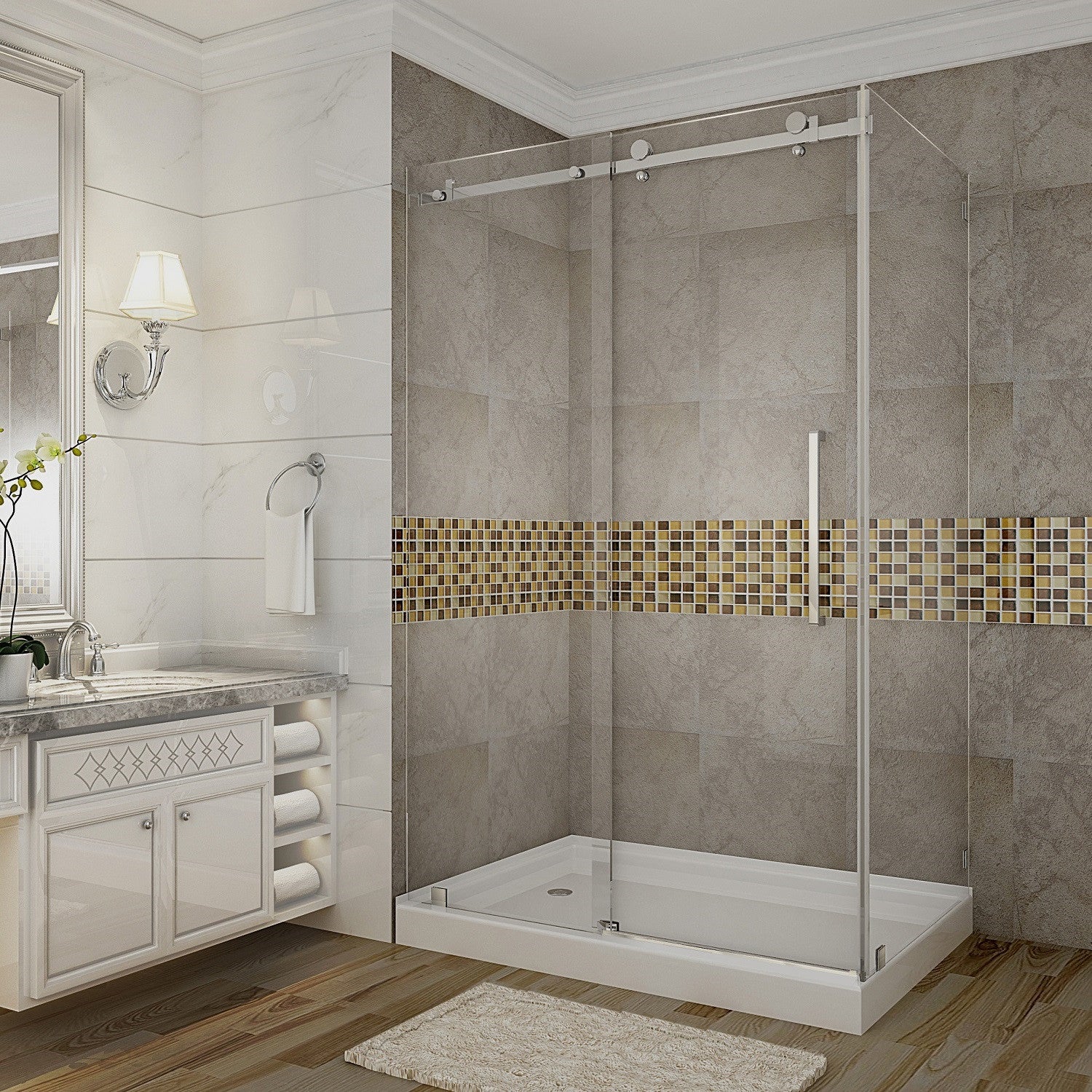 Moselle 44 in. to 48 in. W x 35 in. D x 77.5 in. H Frameless Sliding Shower Enclosure with Clear Glass in Stainless Steel with Left Drain Base 1