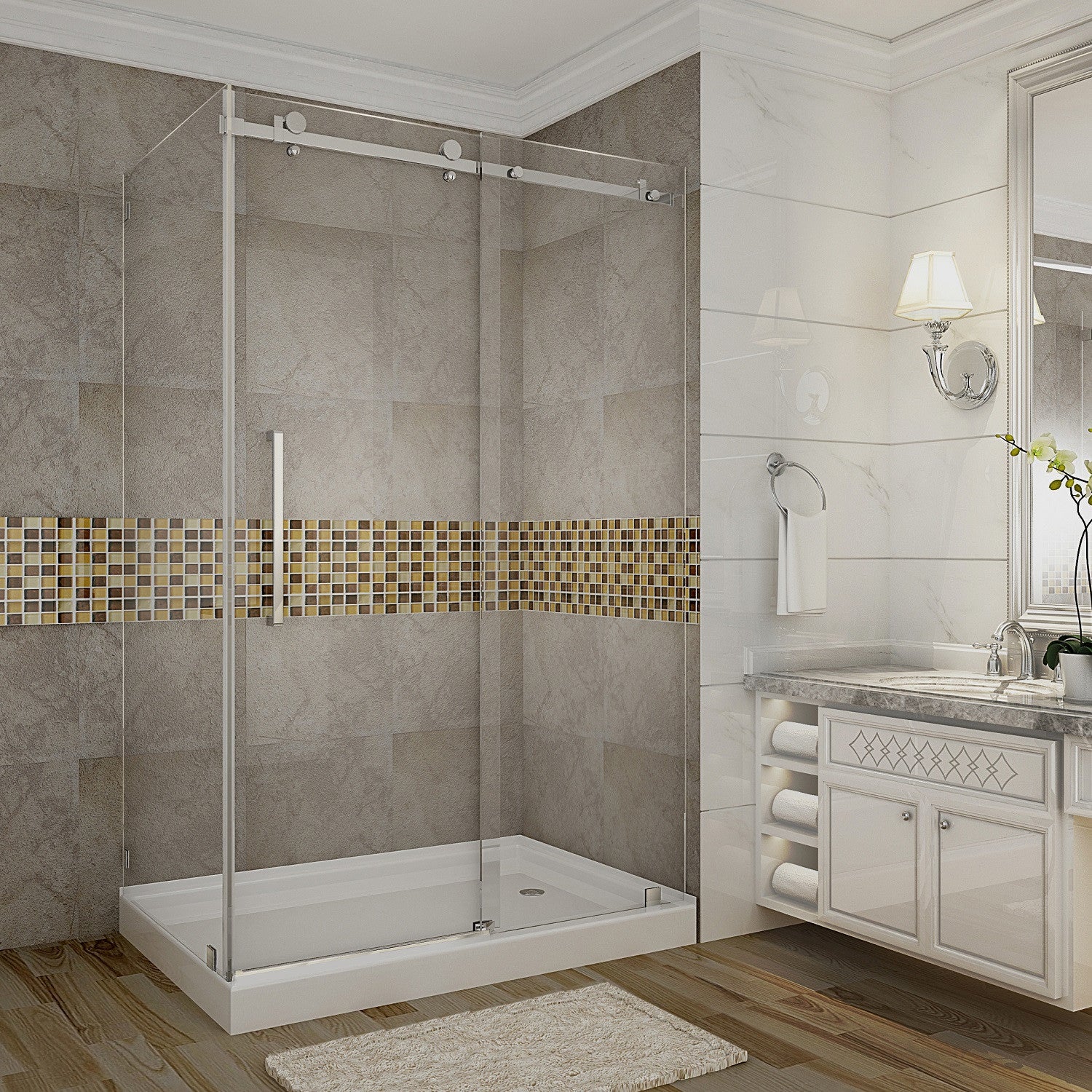 Moselle 44 in. to 48 in. W x 35 in. D x 77.5 in. H Frameless Sliding Shower Enclosure with Clear Glass in Stainless Steel with Right Drain Base 1