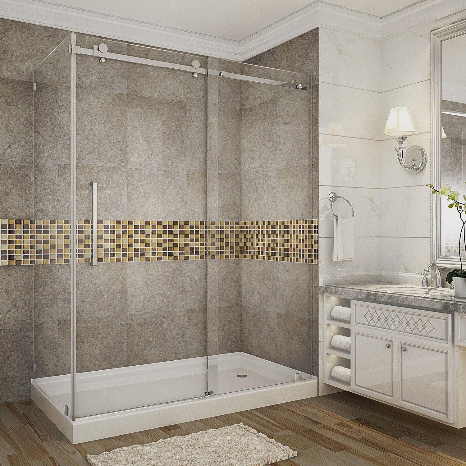 Moselle 56 in. to 60 in. W x 35 in. D x 77.5 in. H Frameless Sliding Shower Enclosure with Clear Glass in Stainless Steel with Right Drain Base 1