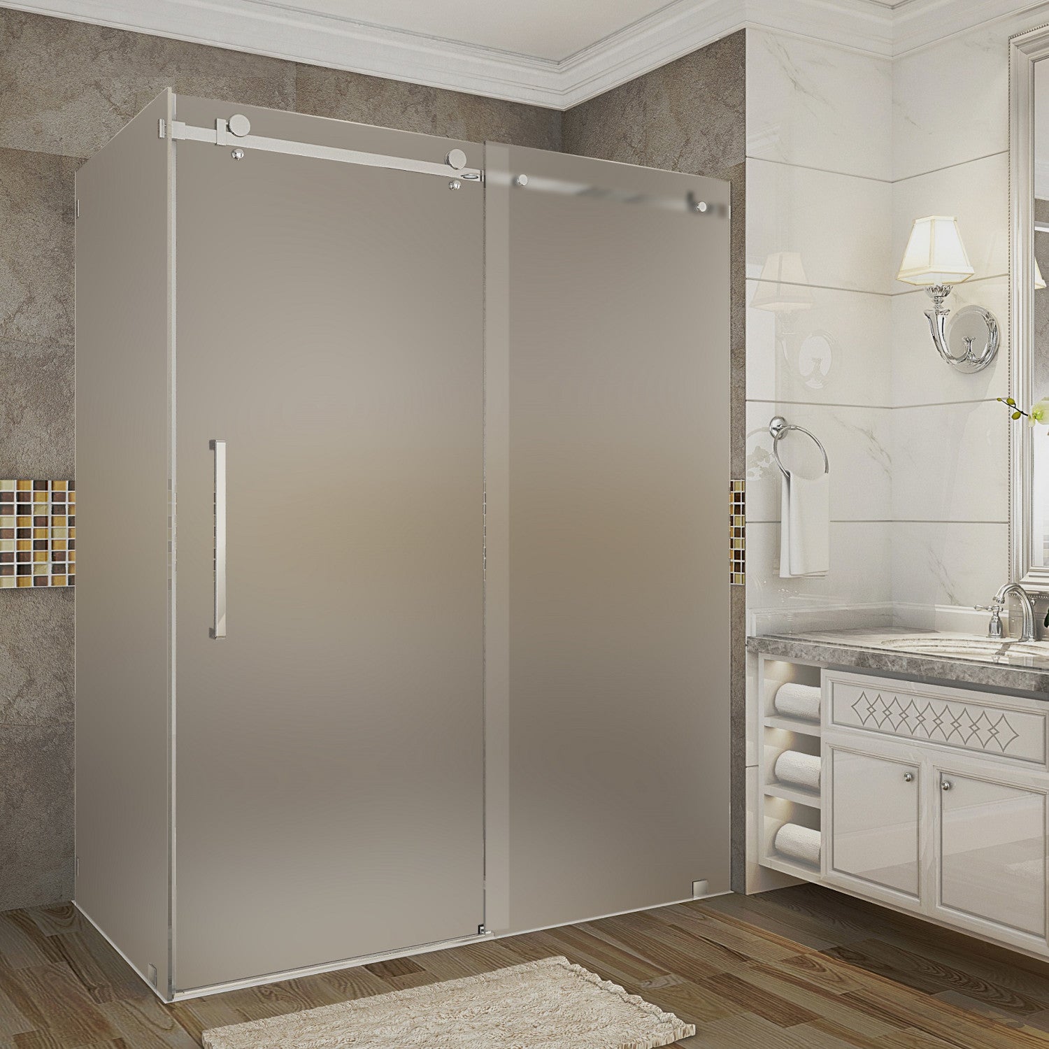 Moselle 56 in. to 60 in. W x 35 in. D x 75 in. H Frameless Sliding Shower Enclosure with Frosted Glass in Chrome 1