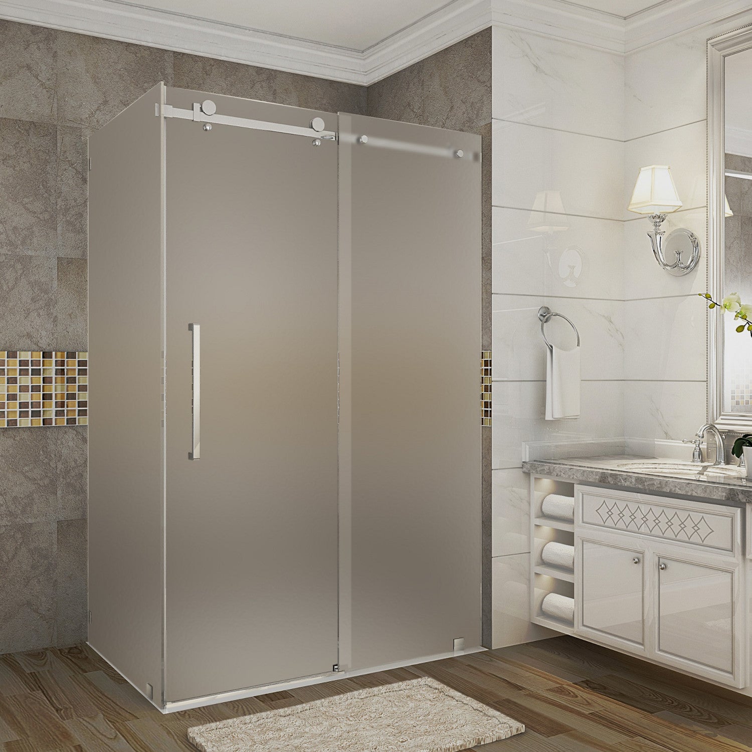 Moselle 44 in. to 48 in. W x 35 in. D x 75 in. H Frameless Sliding Shower Enclosure with Frosted Glass in Stainless Steel 1
