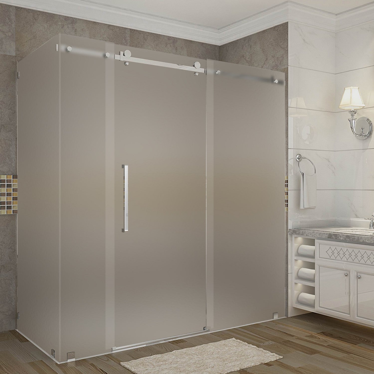 Moselle 68 in. to 72 in. W x 35 in. D x 75 in. H Frameless Sliding Shower Enclosure with Frosted Glass in Stainless Steel 1