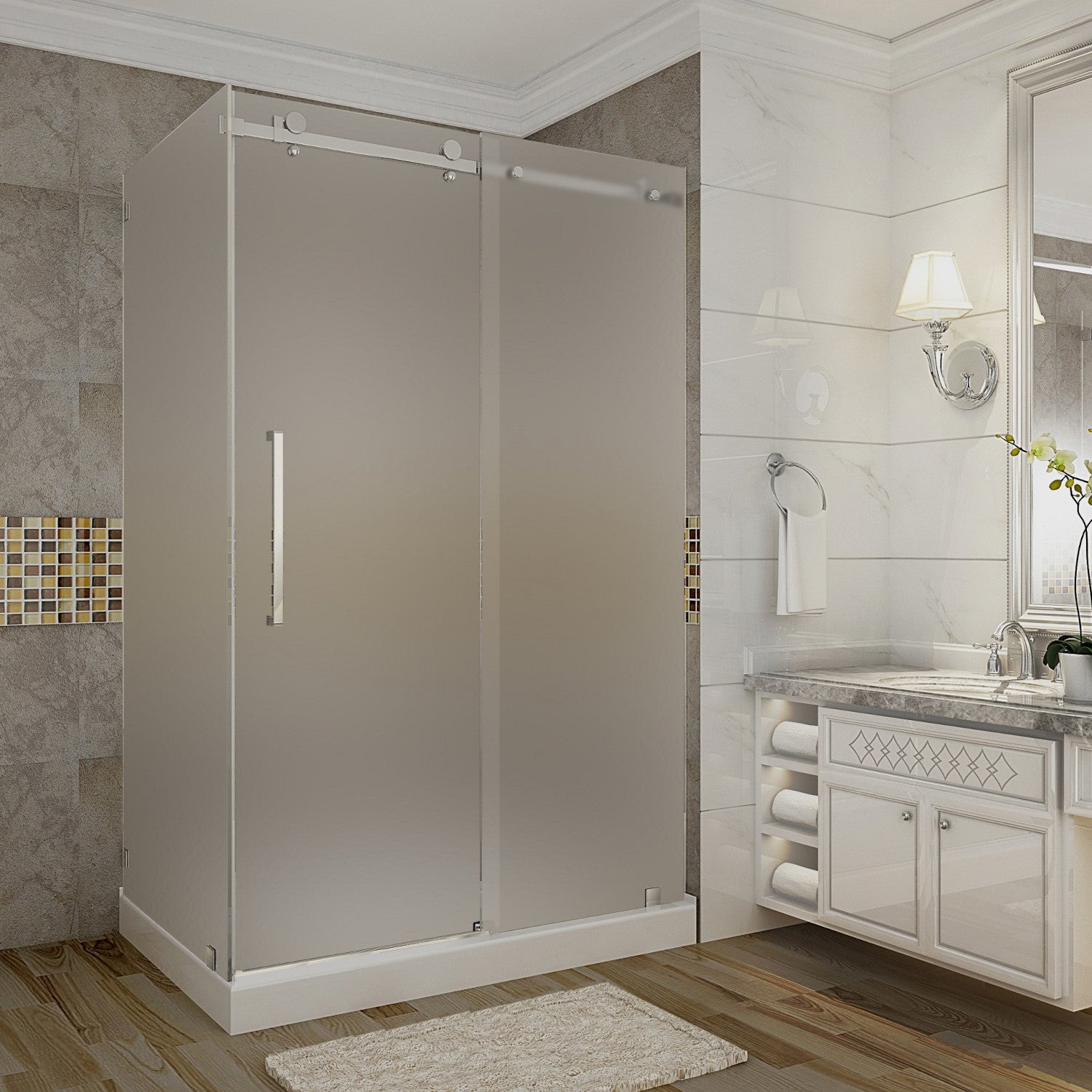 Moselle 44 in. to 48 in. W x 35 in. D x 77.5 in. H Frameless Sliding Shower Enclosure with Frosted Glass in Chrome with Right Drain Base 1