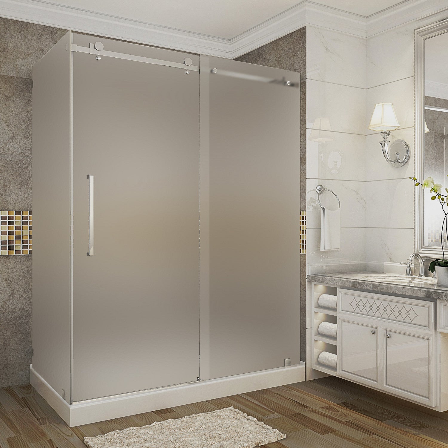 Moselle 56 in. to 60 in. W x 35 in. D x 77.5 in. H Frameless Sliding Shower Enclosure with Frosted Glass in Chrome with Right Drain Base 1