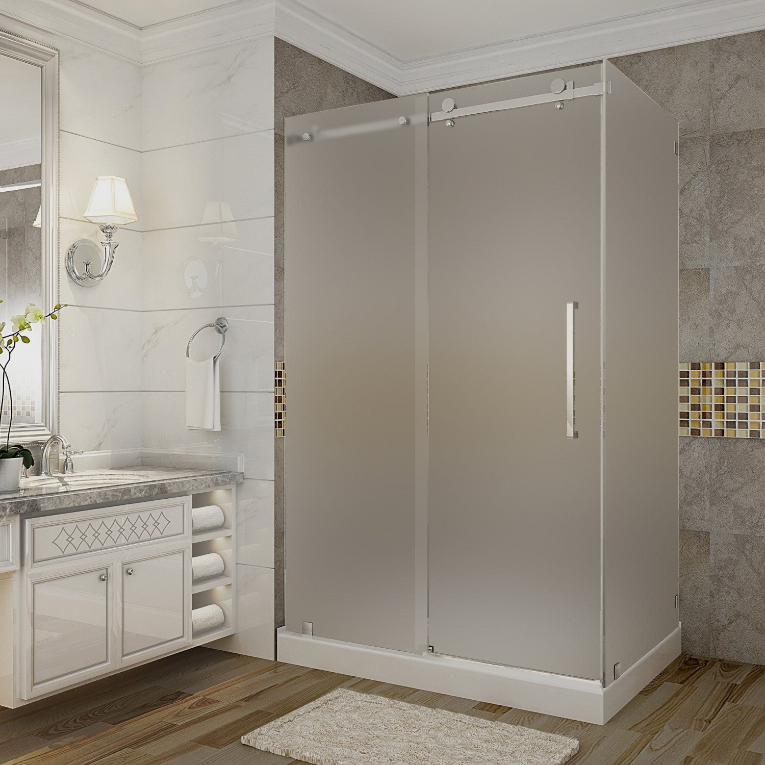 Moselle 44 in. to 48 in. W x 35 in. D x 77.5 in. H Frameless Sliding Shower Enclosure with Frosted Glass in Stainless Steel with Left Drain Base 1