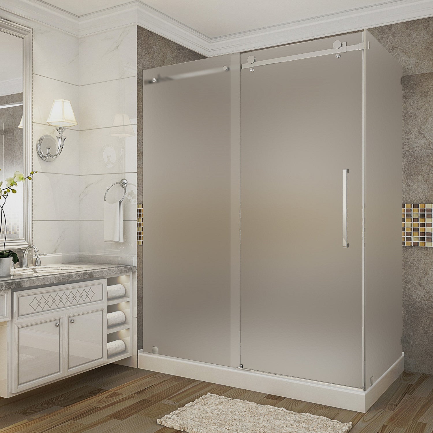 Moselle 56 in. to 60 in. W x 35 in. D x 77.5 in. H Frameless Sliding Shower Enclosure with Frosted Glass in Stainless Steel with Right Drain Base 1