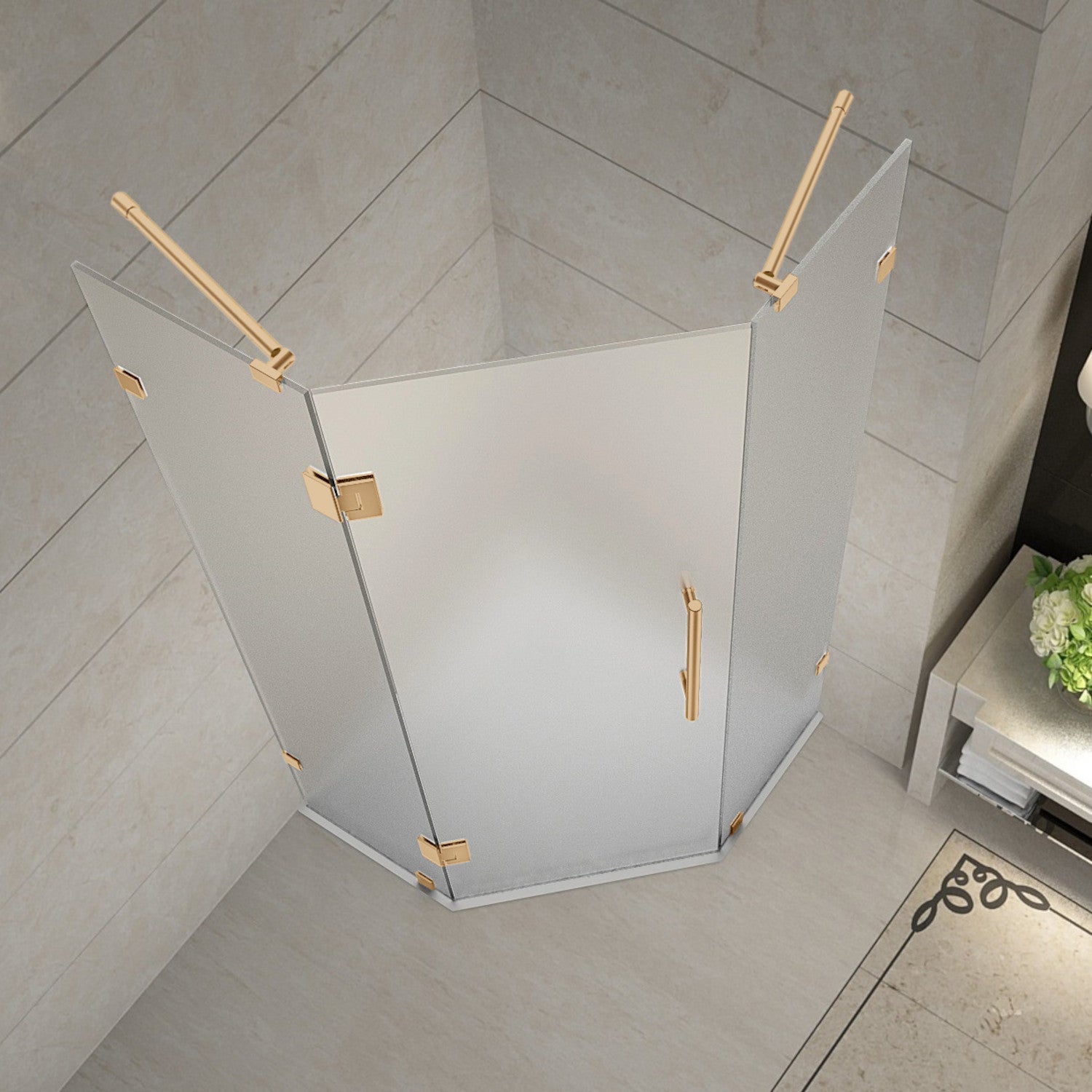 Neoscape 40 in. W x 40 in. D x 72 in. H Frameless Neo-Angle Hinged Shower Enclosure with Frosted Glass in Brushed Gold 2