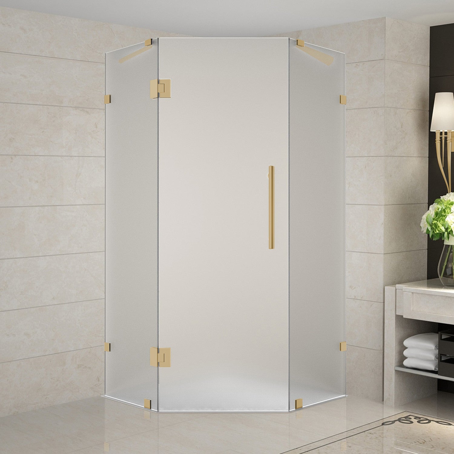 Neoscape 40 in. W x 40 in. D x 72 in. H Frameless Neo-Angle Hinged Shower Enclosure with Frosted Glass in Brushed Gold 1