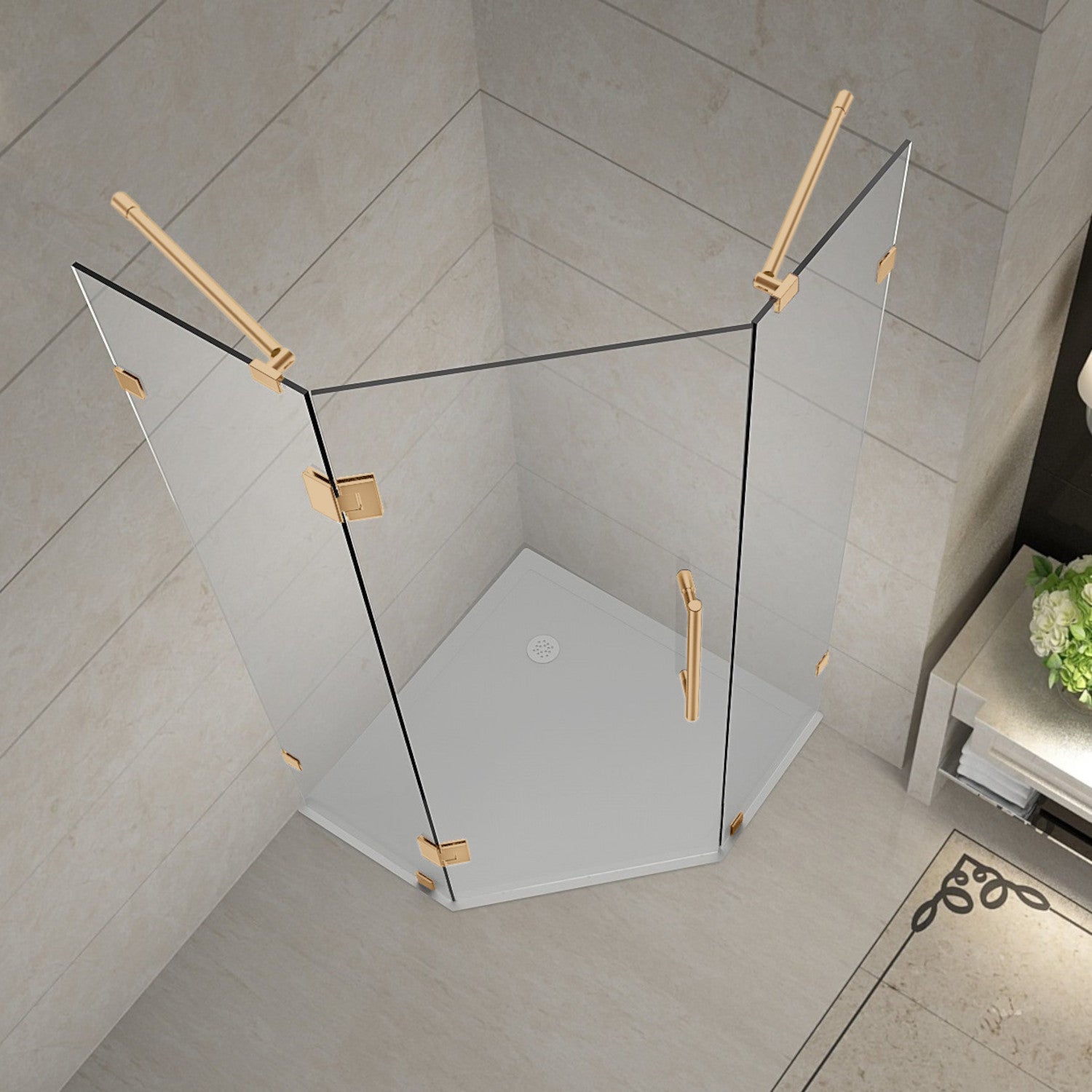 Neoscape 42 in. W x 42 in. D x 72 in. H Frameless Neo-Angle Hinged Shower Enclosure with Clear Glass in Brushed Gold 2
