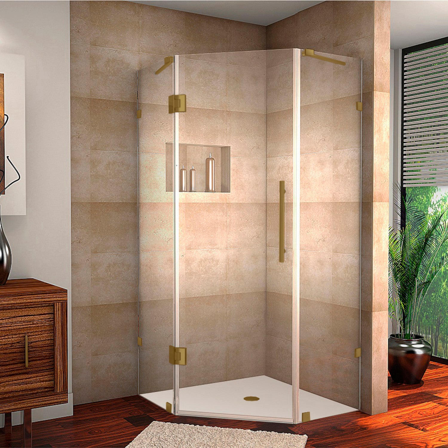 Neoscape 42 in. W x 42 in. D x 72 in. H Frameless Neo-Angle Hinged Shower Enclosure with Clear Glass in Brushed Gold 1