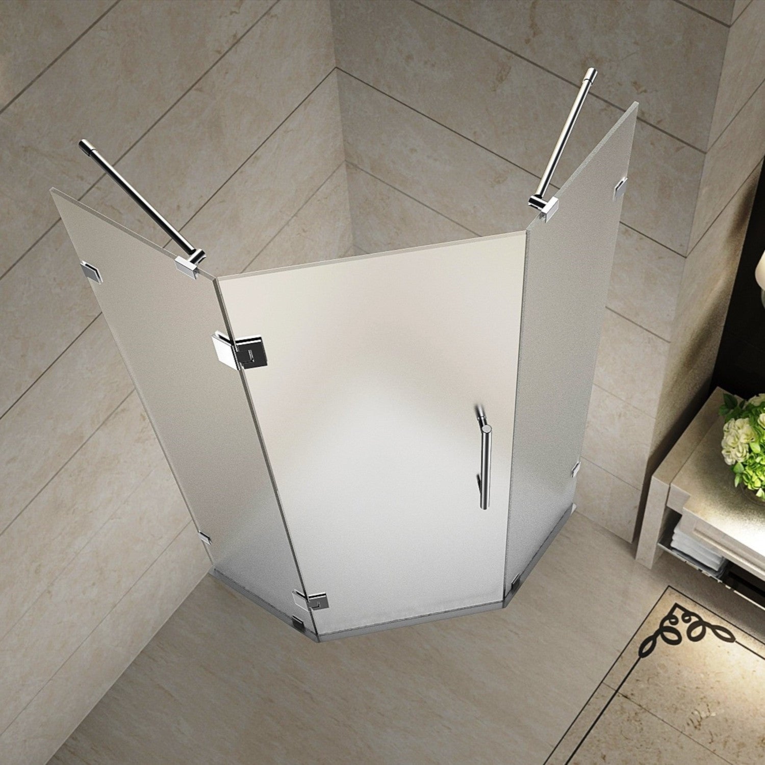 Neoscape 42 in. W x 42 in. D x 72 in. H Frameless Neo-Angle Hinged Shower Enclosure with Frosted Glass in Chrome 2