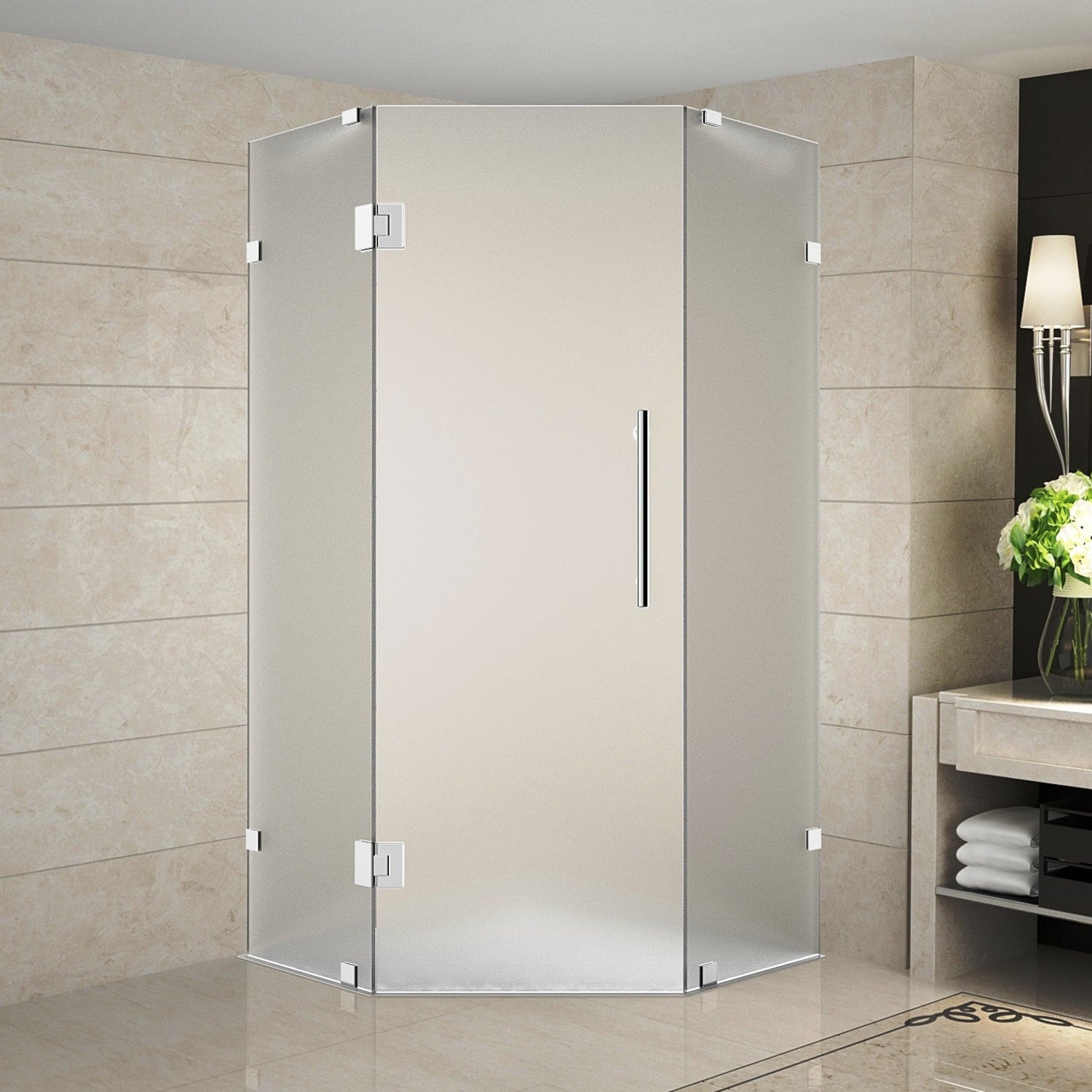 Neoscape 42 in. W x 42 in. D x 72 in. H Frameless Neo-Angle Hinged Shower Enclosure with Frosted Glass in Chrome 1
