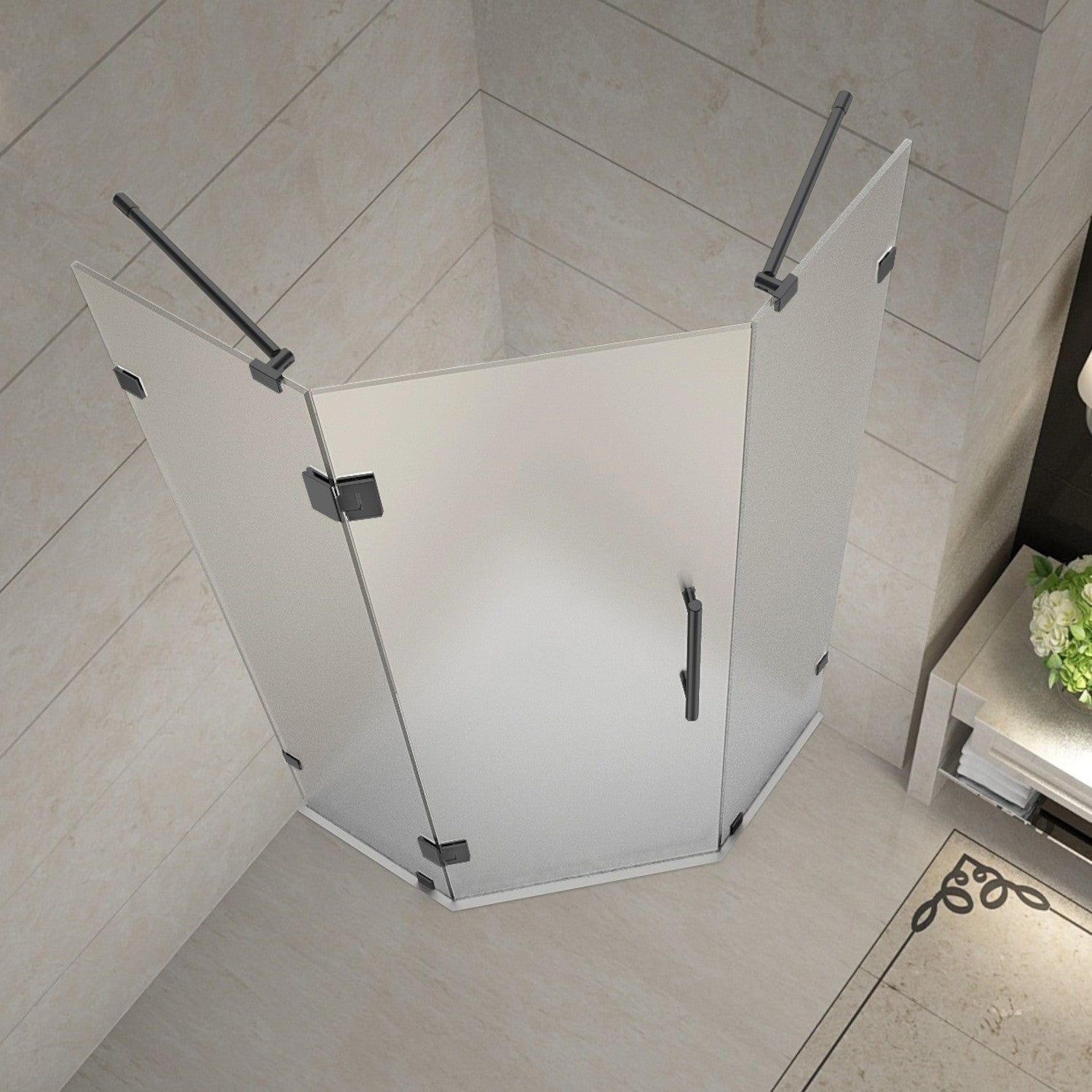 Neoscape 42 in. W x 42 in. D x 72 in. H Frameless Neo-Angle Hinged Shower Enclosure with Frosted Glass in Matte Black 2