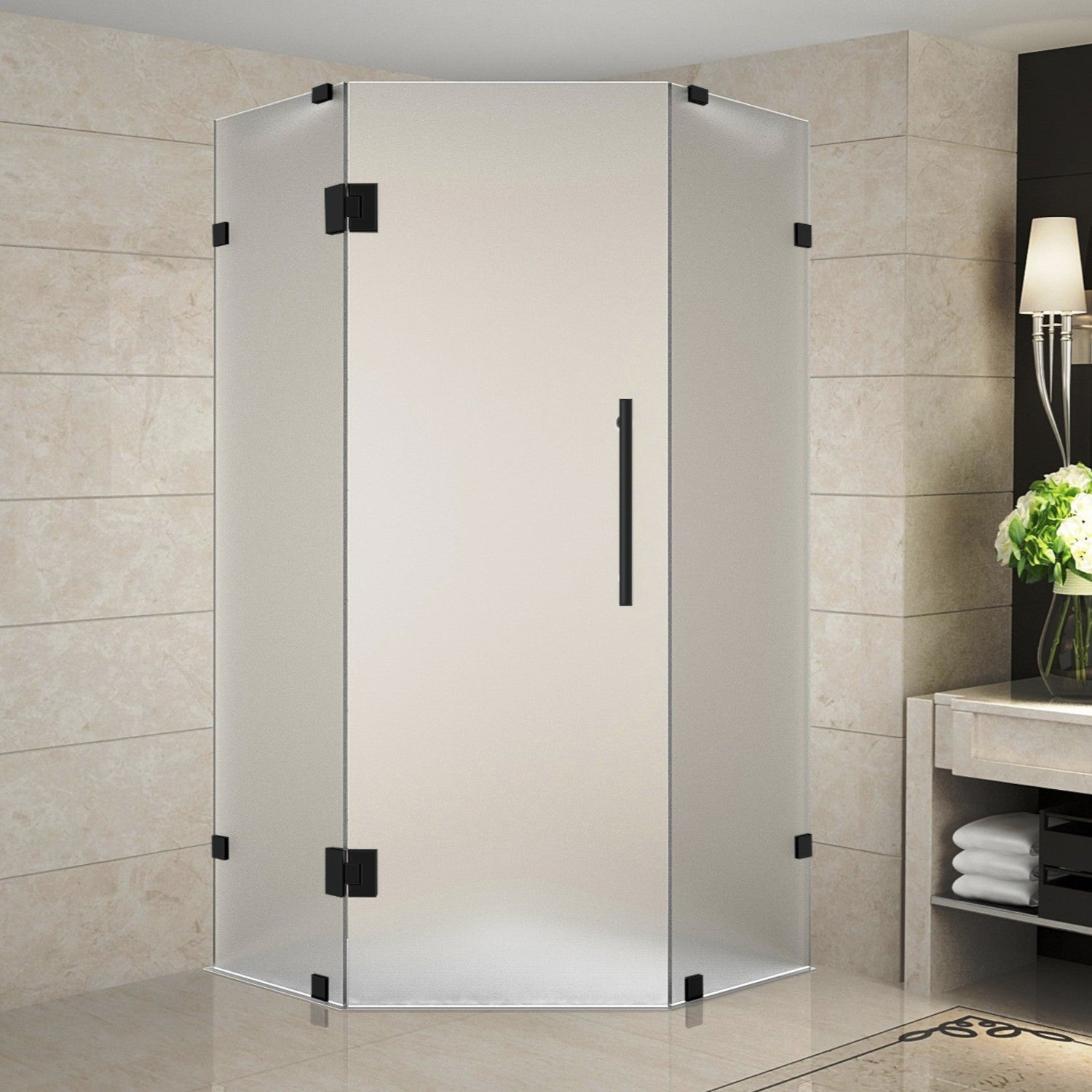 Neoscape 40 in. W x 40 in. D x 72 in. H Frameless Neo-Angle Hinged Shower Enclosure with Frosted Glass in Matte Black 1