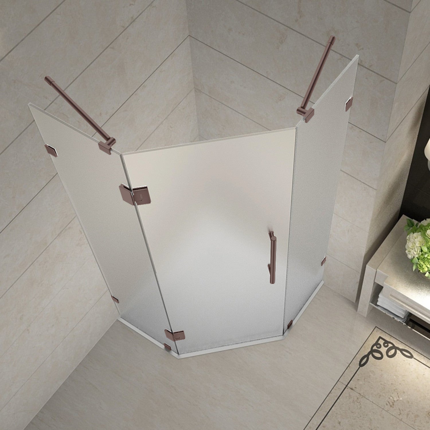 Neoscape 42 in. W x 42 in. D x 72 in. H Frameless Neo-Angle Hinged Shower Enclosure with Frosted Glass in Bronze 2