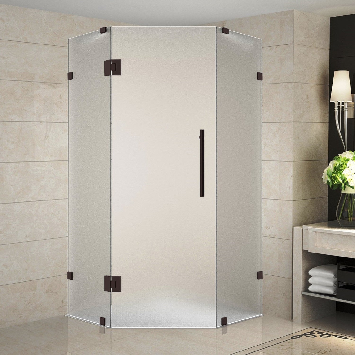 Neoscape 42 in. W x 42 in. D x 72 in. H Frameless Neo-Angle Hinged Shower Enclosure with Frosted Glass in Bronze 1