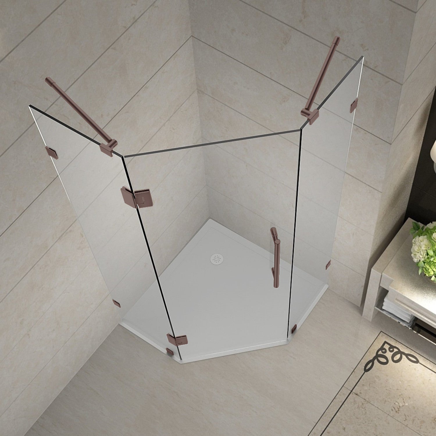 Neoscape 42 in. W x 42 in. D x 72 in. H Frameless Neo-Angle Hinged Shower Enclosure with Clear Glass in Bronze 2
