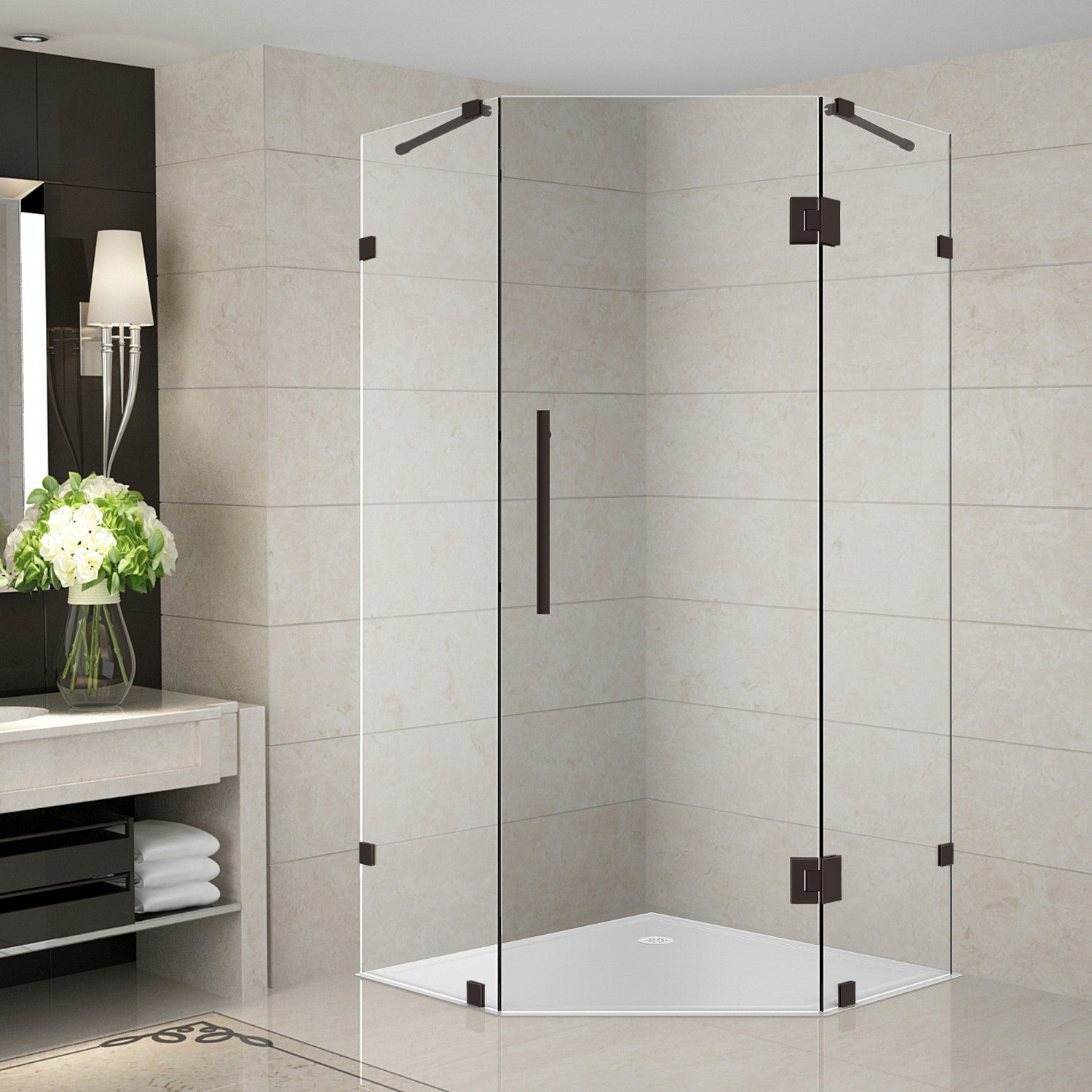 Neoscape 42 in. W x 42 in. D x 72 in. H Frameless Neo-Angle Hinged Shower Enclosure with Clear Glass in Bronze 1
