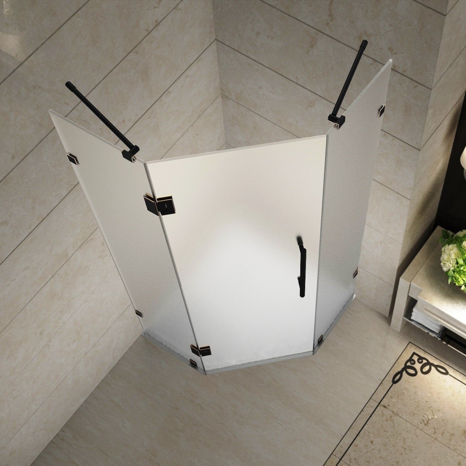 Neoscape 42 in. W x 42 in. D x 72 in. H Frameless Neo-Angle Hinged Shower Enclosure with Frosted Glass in Oil Rubbed Bronze 2