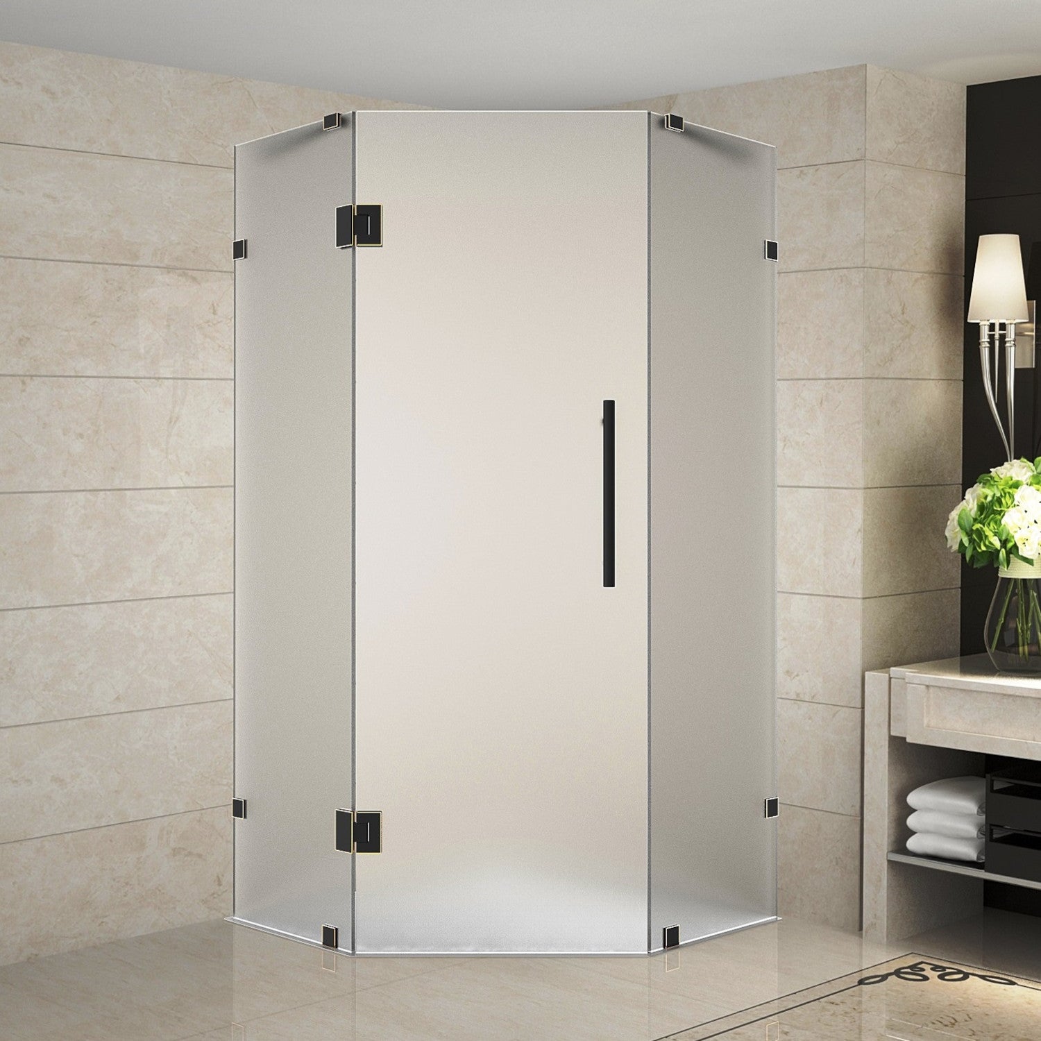 Neoscape 36 in. W x 36 in. D x 72 in. H Frameless Neo-Angle Hinged Shower Enclosure with Frosted Glass in Oil Rubbed Bronze 1