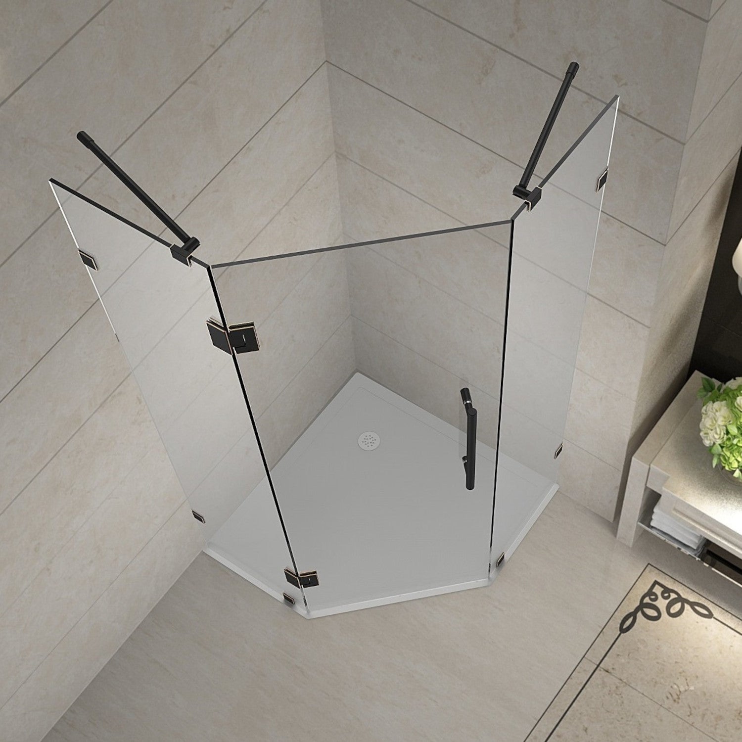 Neoscape 42 in. W x 42 in. D x 72 in. H Frameless Neo-Angle Hinged Shower Enclosure with Clear Glass in Oil Rubbed Bronze 2