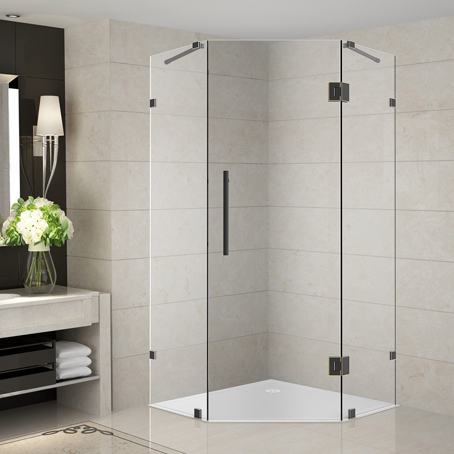 Neoscape 42 in. W x 42 in. D x 72 in. H Frameless Neo-Angle Hinged Shower Enclosure with Clear Glass in Oil Rubbed Bronze 1