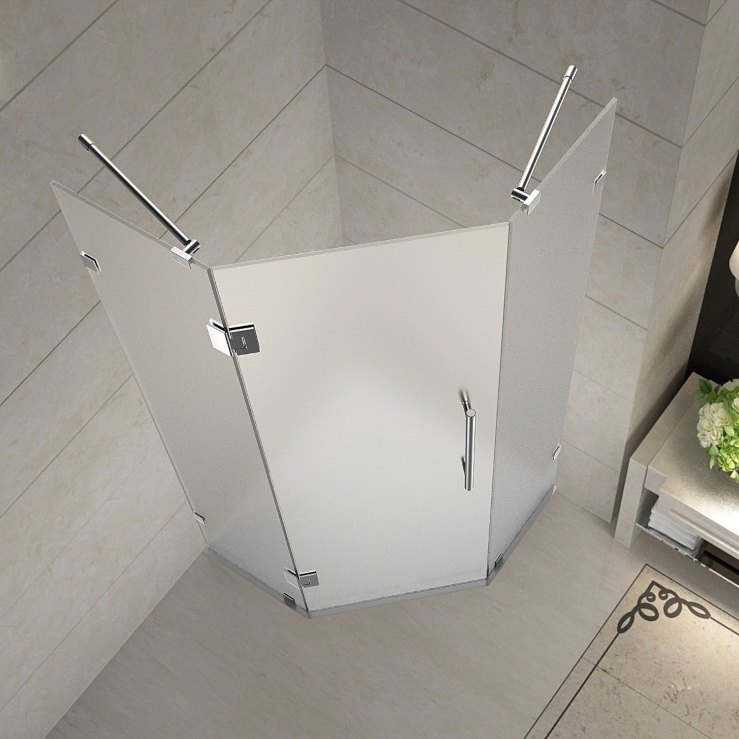 Neoscape 42 in. W x 42 in. D x 72 in. H Frameless Neo-Angle Hinged Shower Enclosure with Frosted Glass in Stainless Steel 2