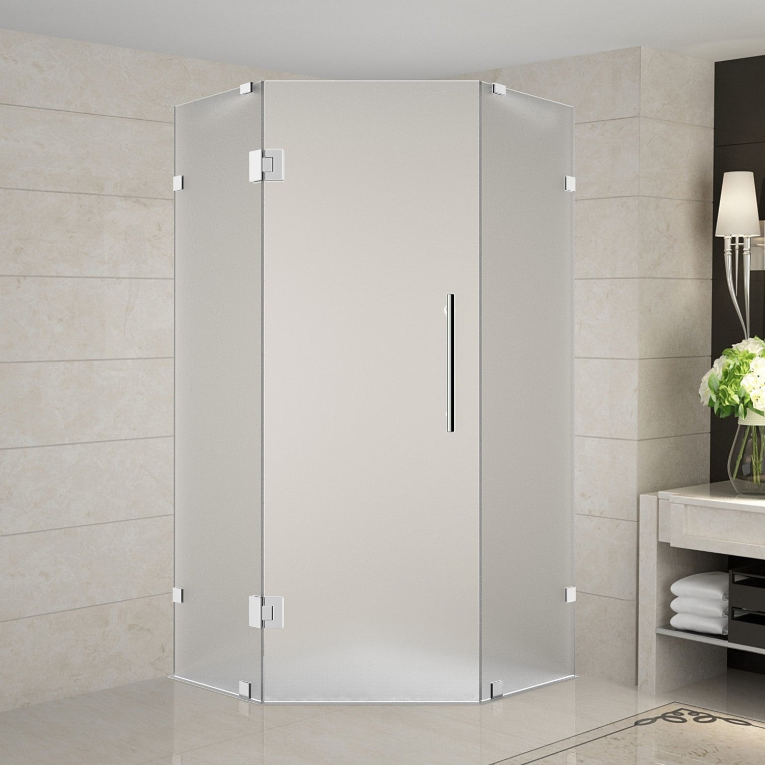 Neoscape 42 in. W x 42 in. D x 72 in. H Frameless Neo-Angle Hinged Shower Enclosure with Frosted Glass in Stainless Steel 1
