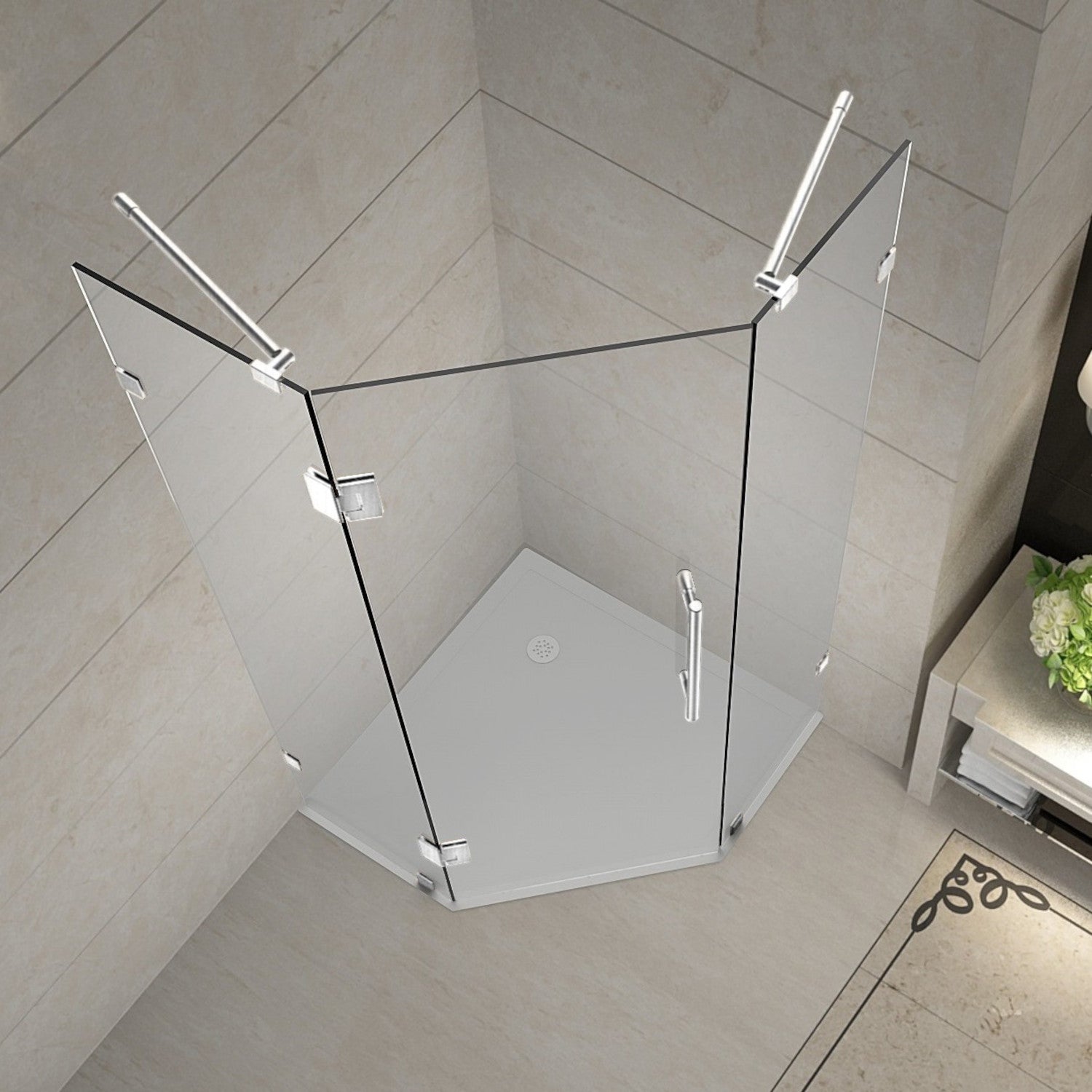 Neoscape 42 in. W x 42 in. D x 72 in. H Frameless Neo-Angle Hinged Shower Enclosure with Clear Glass in Stainless Steel 2