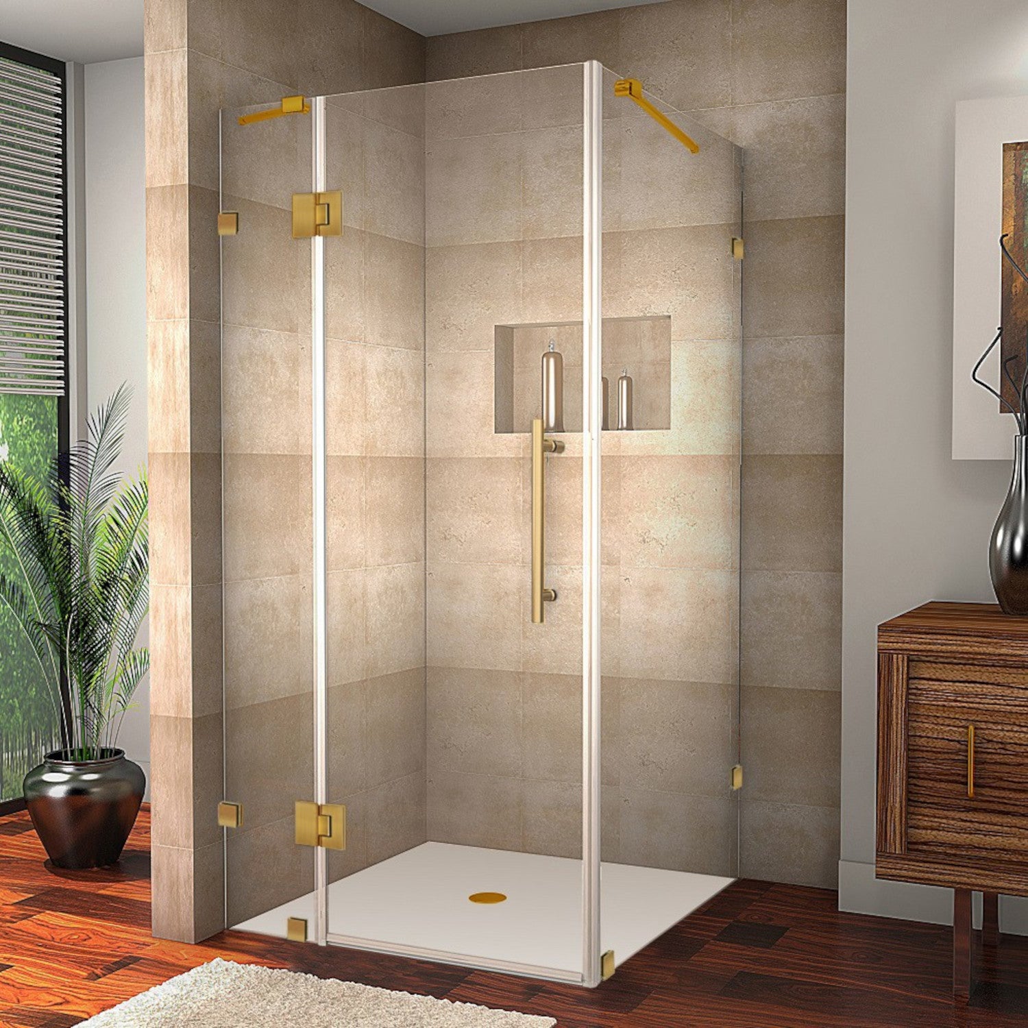Avalux 32 in. W x 34 in. D x 72 in. H Frameless Corner Hinged Shower Enclosure with Clear Glass in Brushed Gold 2