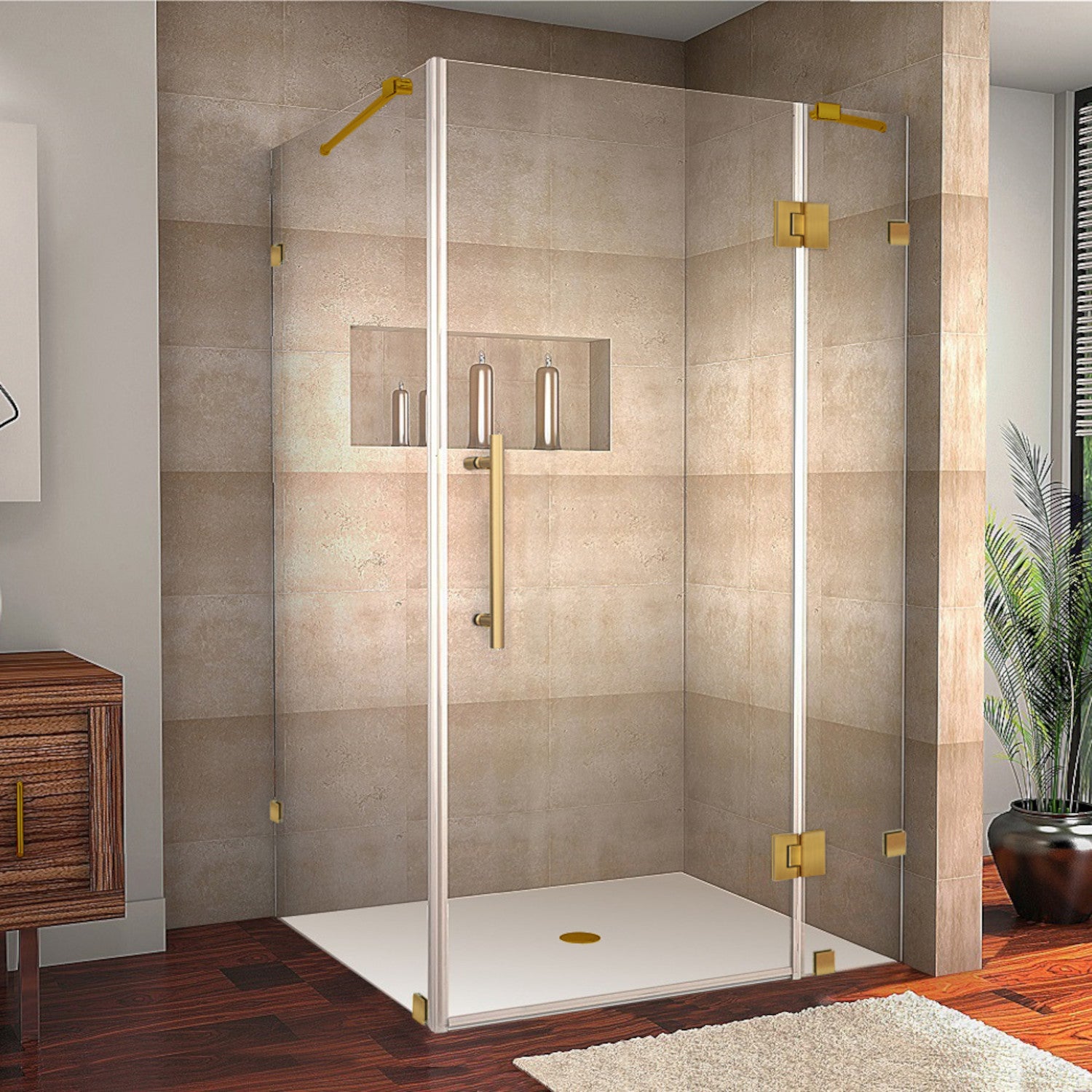 Avalux 51 in. W x 38 in. D x 72 in. H Frameless Corner Hinged Shower Enclosure with Clear Glass in Brushed Gold 1