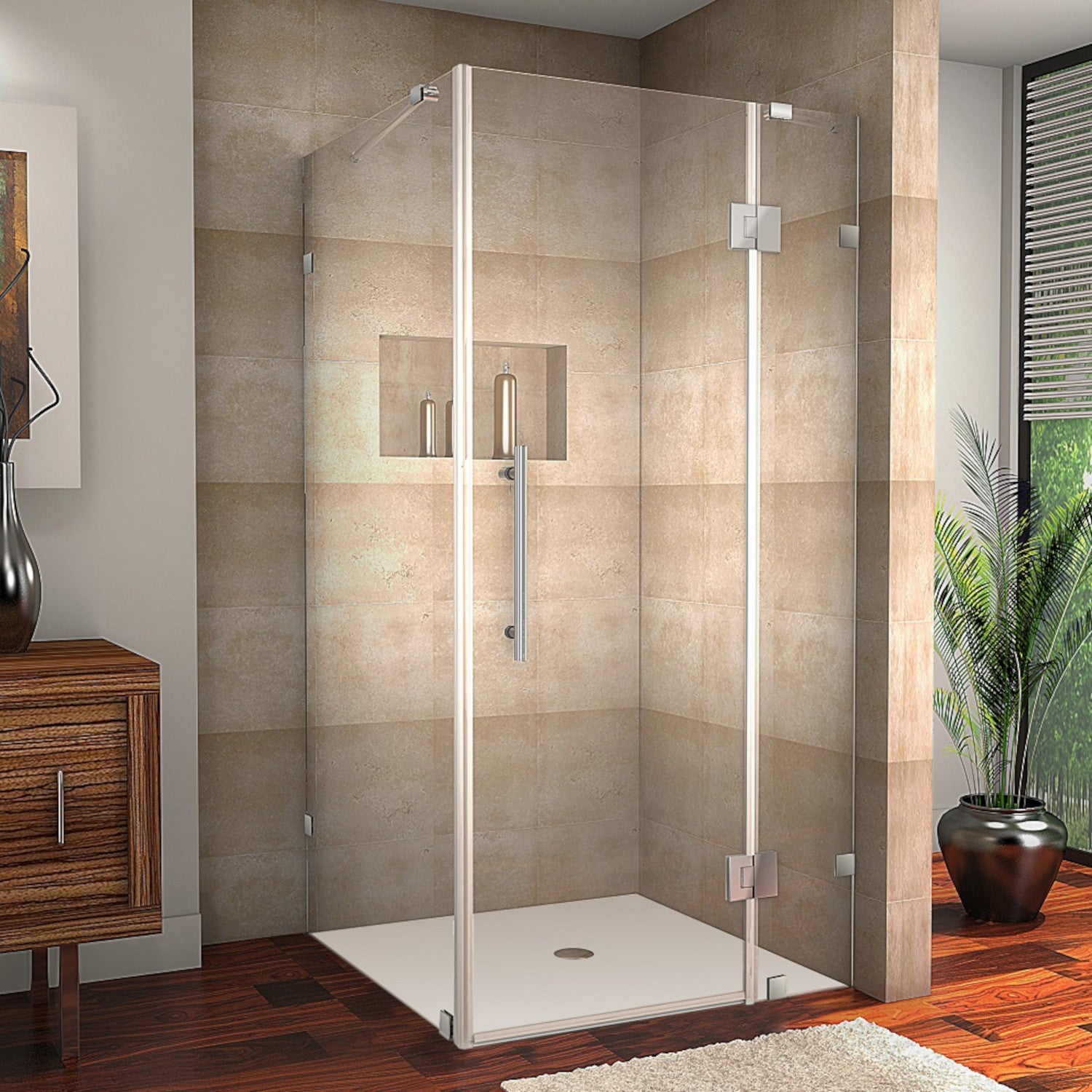 Avalux 32 in. W x 30 in. D x 72 in. H Frameless Corner Hinged Shower Enclosure with Clear Glass in Chrome 1