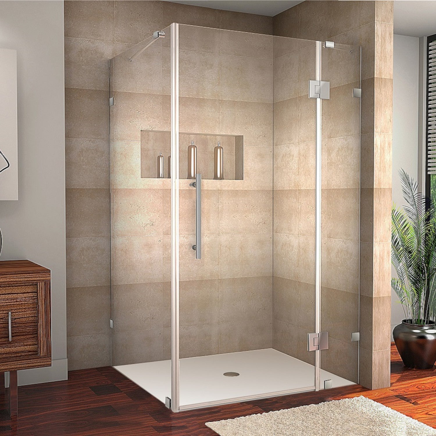 Avalux 42 in. W x 38 in. D x 72 in. H Frameless Corner Hinged Shower Enclosure with Clear Glass in Chrome 1