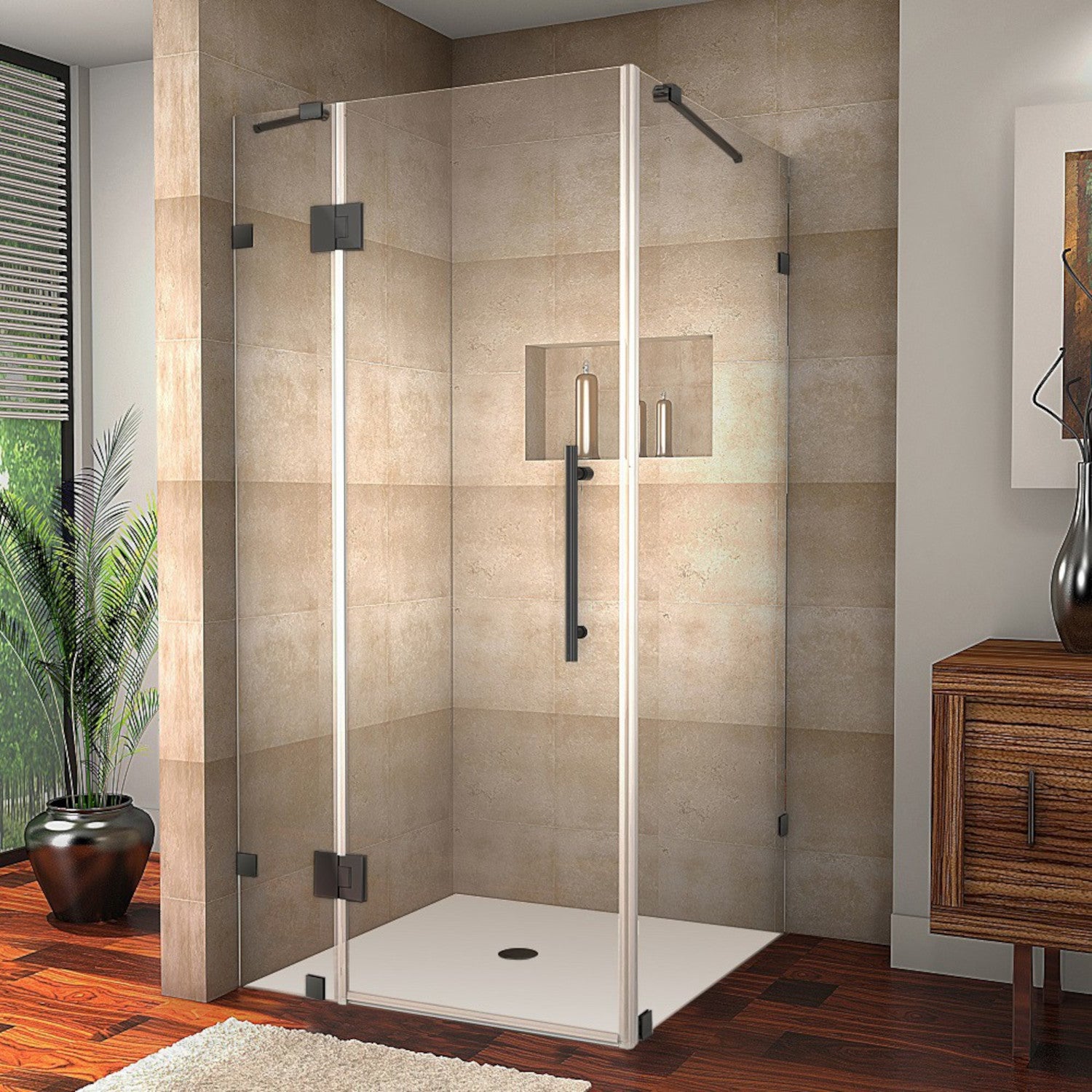 Avalux 38 in. W x 32 in. D x 72 in. H Frameless Corner Hinged Shower Enclosure with Clear Glass in Matte Black 2