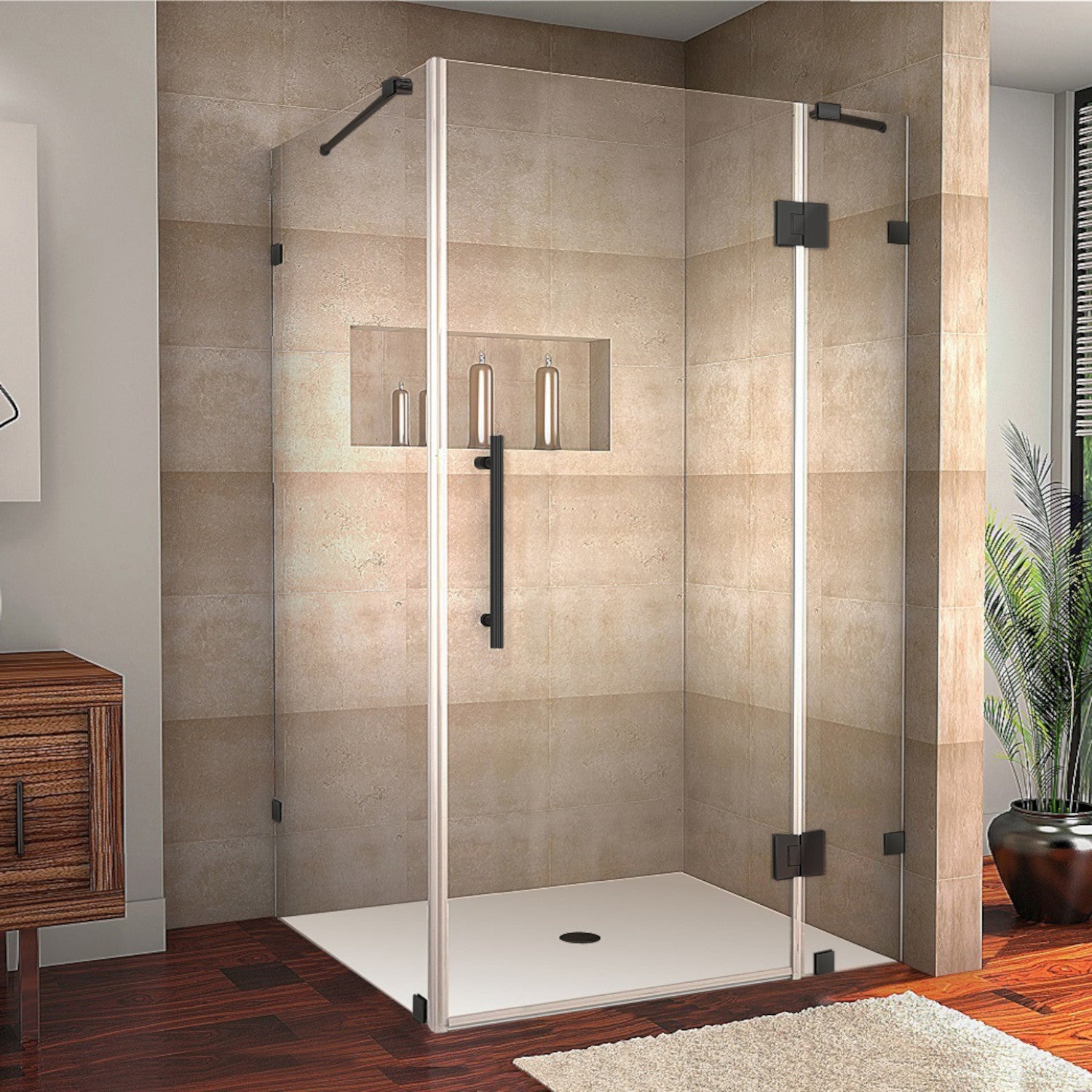 Avalux 56 in. W x 32 in. D x 72 in. H Frameless Corner Hinged Shower Enclosure with Clear Glass in Matte Black 1