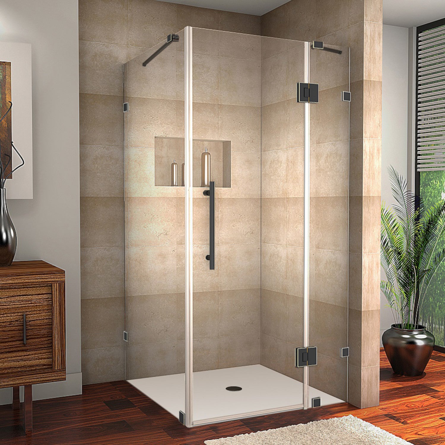 Avalux 32 in. W x 30 in. D x 72 in. H Frameless Corner Hinged Shower Enclosure with Clear Glass in Oil Rubbed Bronze 1