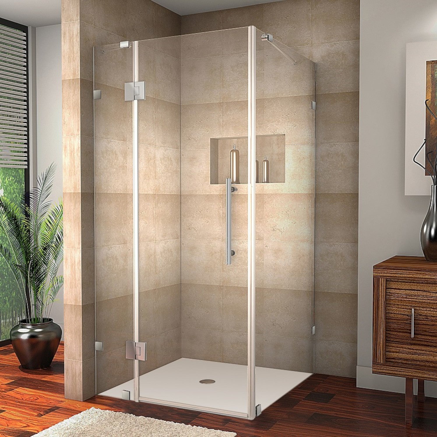 Avalux 35 in. W x 32 in. D x 72 in. H Frameless Corner Hinged Shower Enclosure with Clear Glass in Stainless Steel 2