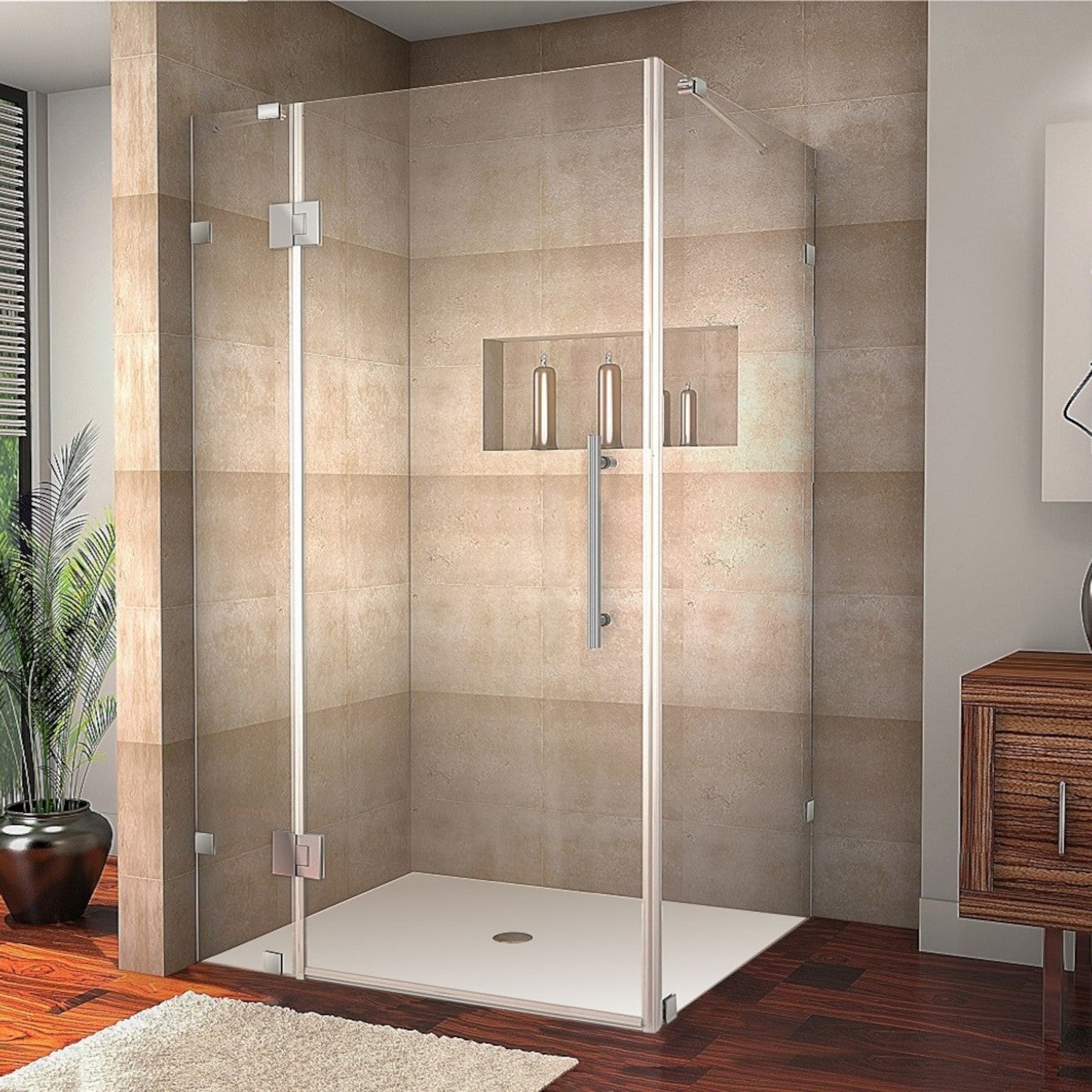 Avalux 47 in. W x 34 in. D x 72 in. H Frameless Corner Hinged Shower Enclosure with Clear Glass in Stainless Steel 2