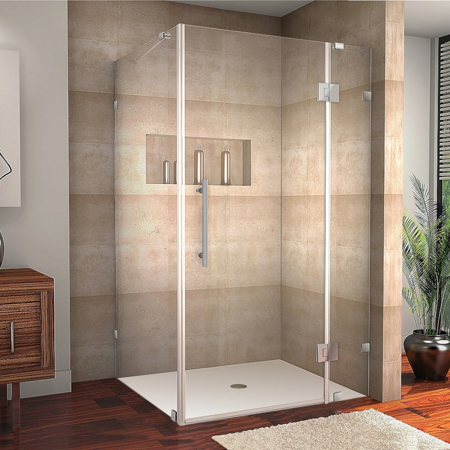 Avalux 40 in. W x 32 in. D x 72 in. H Frameless Corner Hinged Shower Enclosure with Clear Glass in Stainless Steel 1