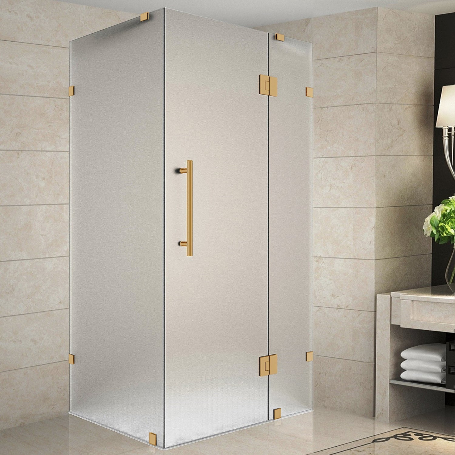 Avalux 32 in. W x 38 in. D x 72 in. H Frameless Corner Hinged Shower Enclosure with Frosted Glass in Brushed Gold 1