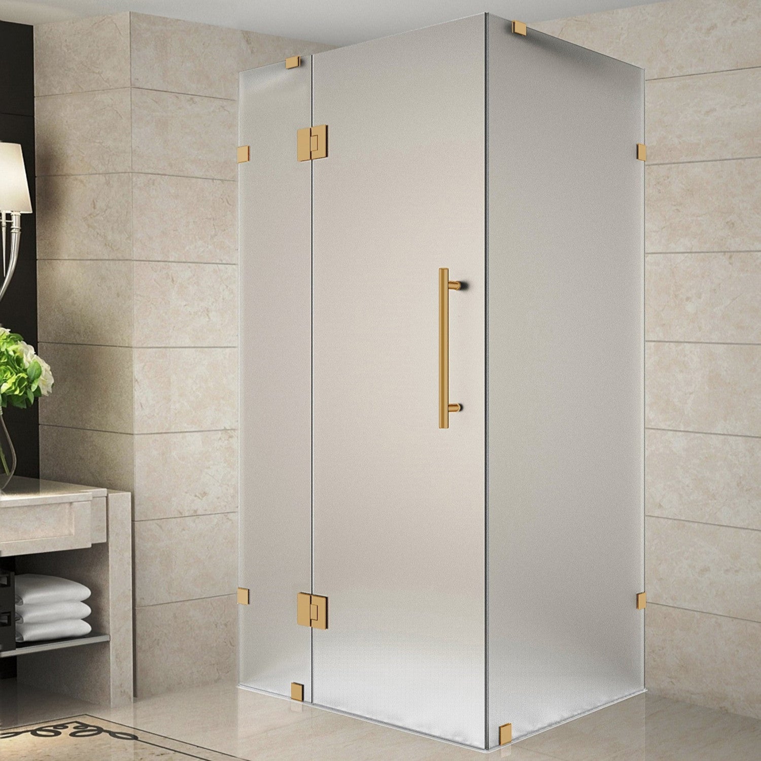 Avalux 35 in. W x 34 in. D x 72 in. H Frameless Corner Hinged Shower Enclosure with Frosted Glass in Brushed Gold 2