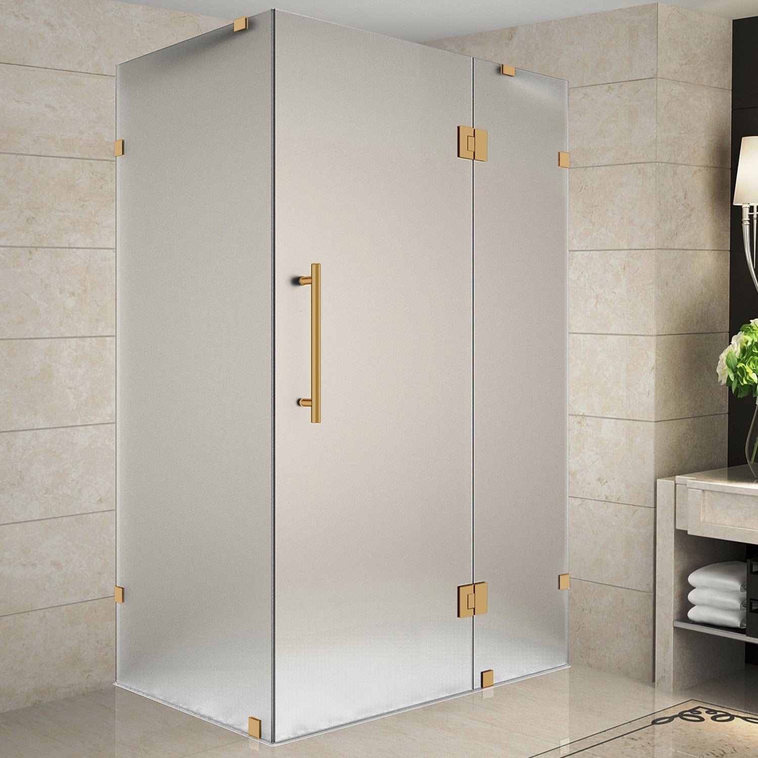 Avalux 40 in. W x 30 in. D x 72 in. H Frameless Corner Hinged Shower Enclosure with Frosted Glass in Brushed Gold 1