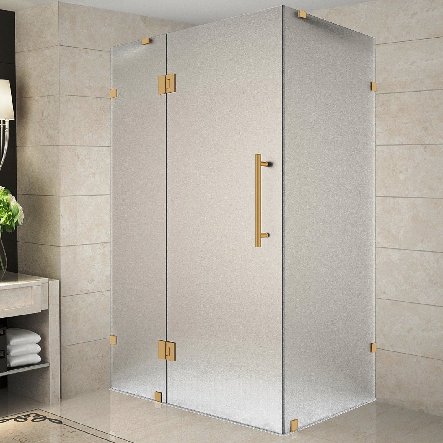 Avalux 40 in. W x 30 in. D x 72 in. H Frameless Corner Hinged Shower Enclosure with Frosted Glass in Brushed Gold 2