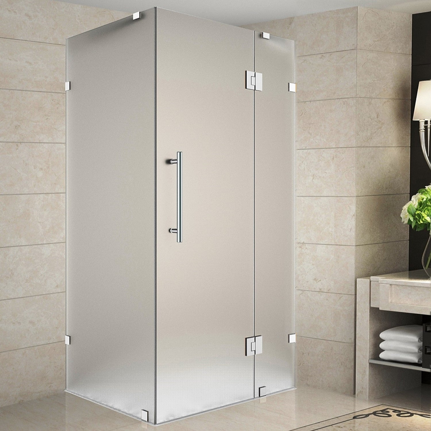 Avalux 32 in. W x 30 in. D x 72 in. H Frameless Corner Hinged Shower Enclosure with Frosted Glass in Chrome 1