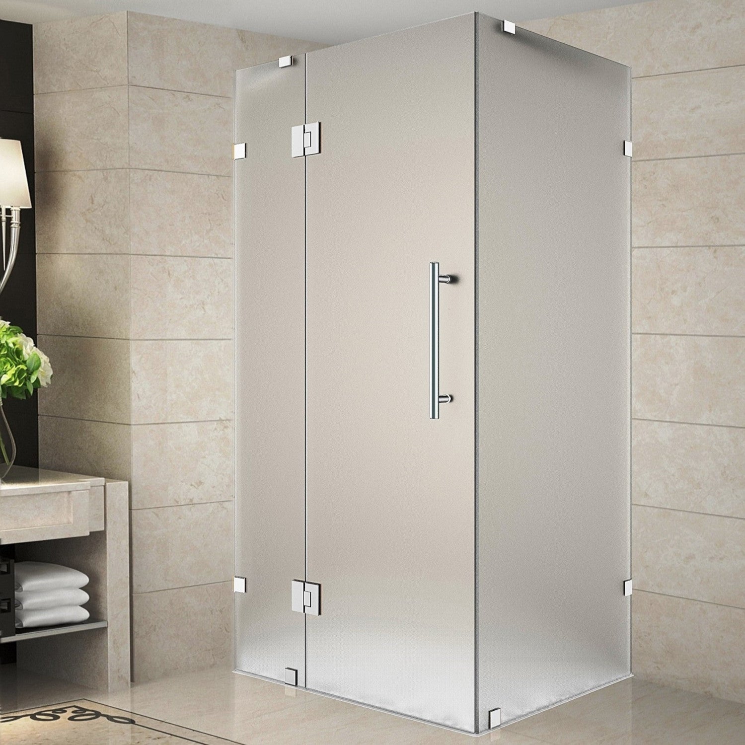 Avalux 32 in. W x 30 in. D x 72 in. H Frameless Corner Hinged Shower Enclosure with Frosted Glass in Chrome 2