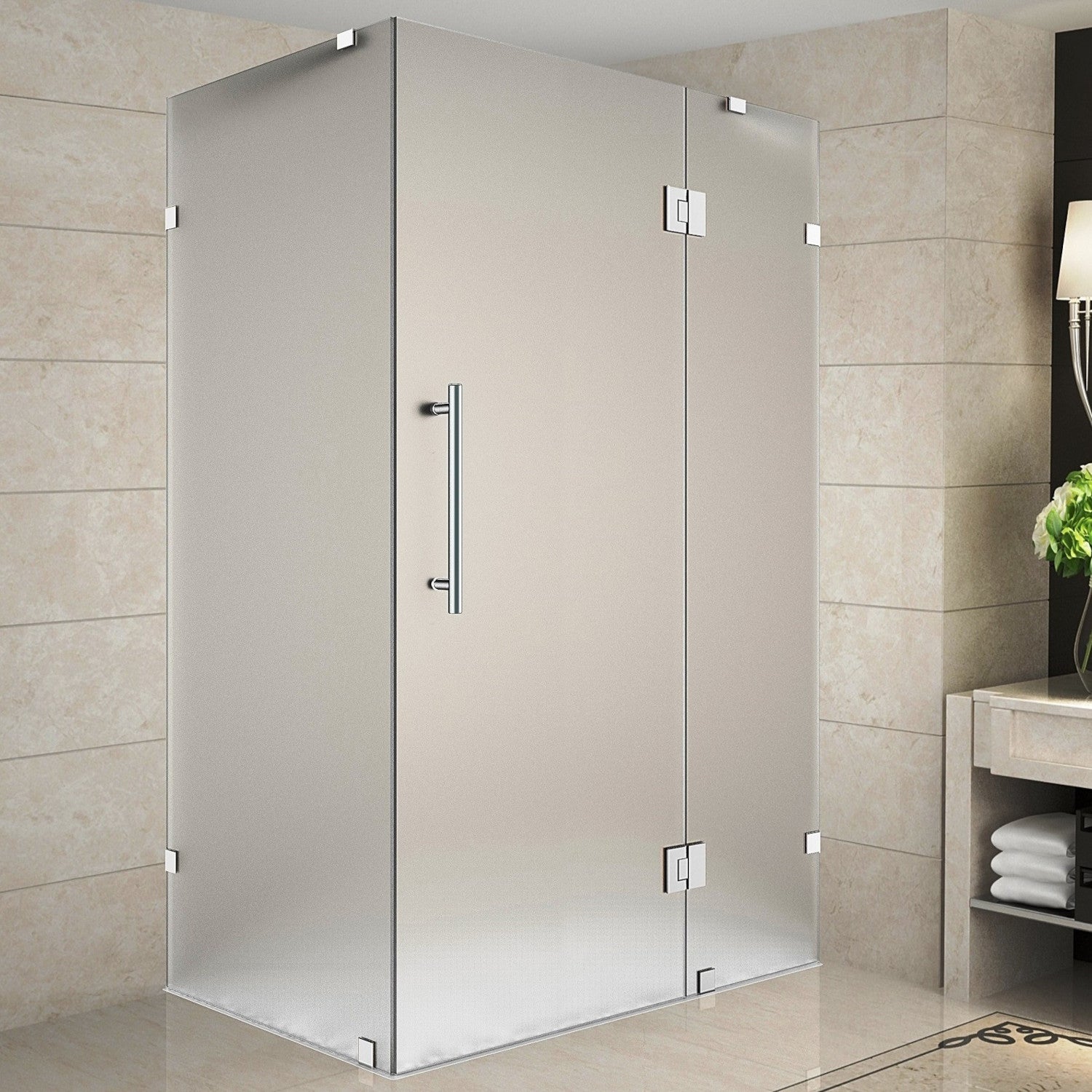 Avalux 49 in. W x 36 in. D x 72 in. H Frameless Corner Hinged Shower Enclosure with Frosted Glass in Chrome 1